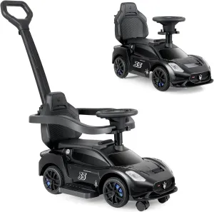 INFANS 3 in 1 Push Car for Toddlers, Licensed Maserati Baby Stroller Sliding Walking Car with Push Handle, Horn, Music, Underneath Storage, Foot-to-Floor Ride on Toys for Boys Girls (Black)