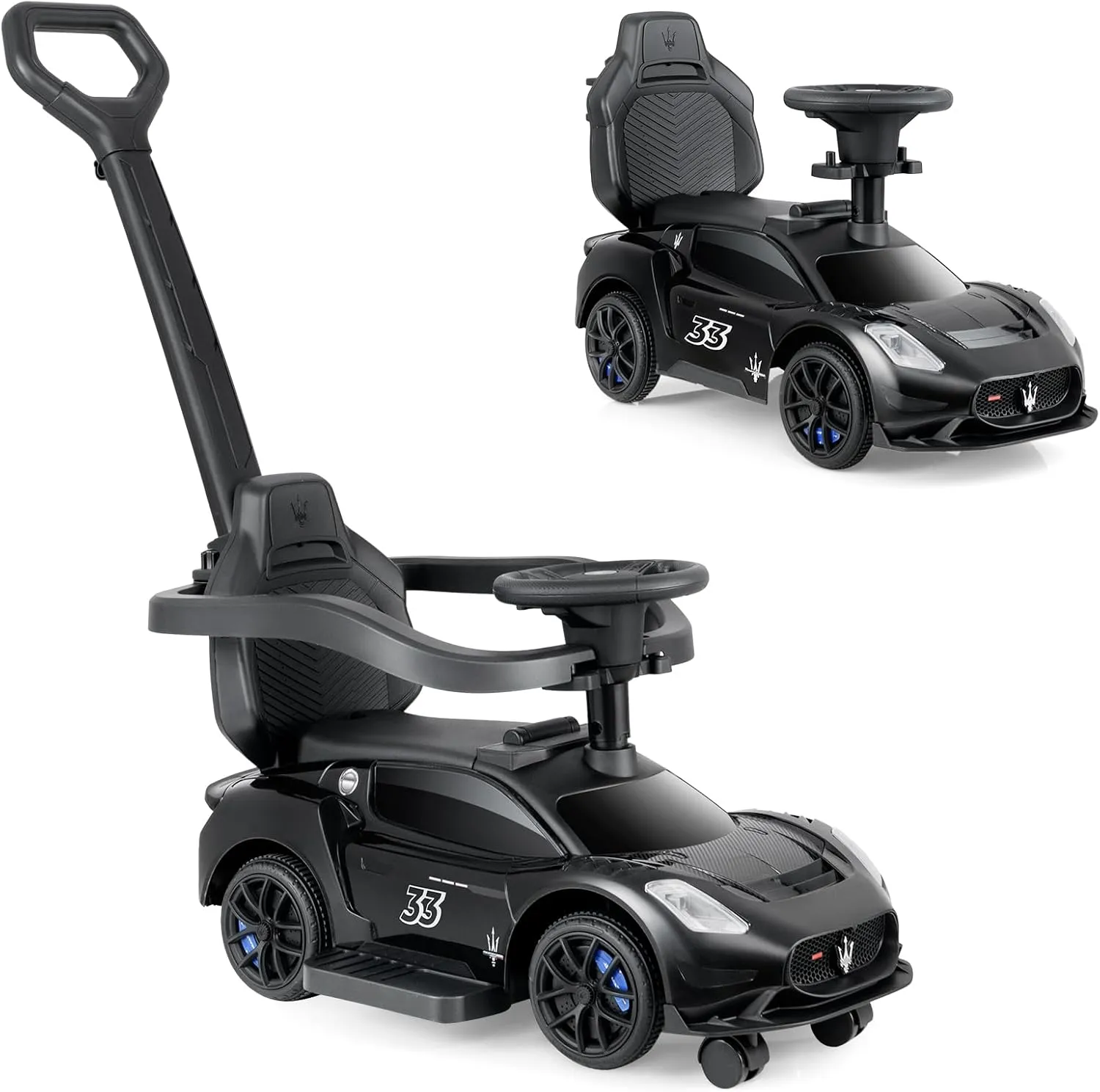 INFANS 3 in 1 Push Car for Toddlers, Licensed Maserati Baby Stroller Sliding Walking Car with Push Handle, Horn, Music, Underneath Storage, Foot-to-Floor Ride on Toys for Boys Girls (Black)
