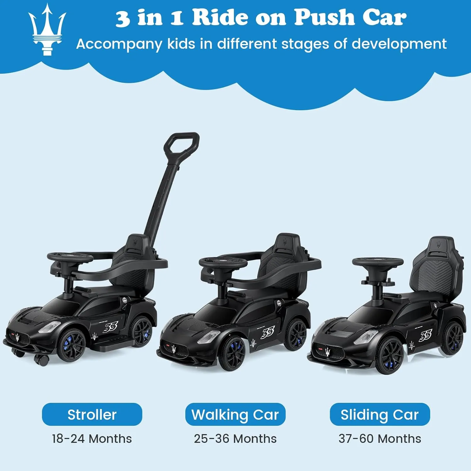 INFANS 3 in 1 Push Car for Toddlers, Licensed Maserati Baby Stroller Sliding Walking Car with Push Handle, Horn, Music, Underneath Storage, Foot-to-Floor Ride on Toys for Boys Girls (Black)