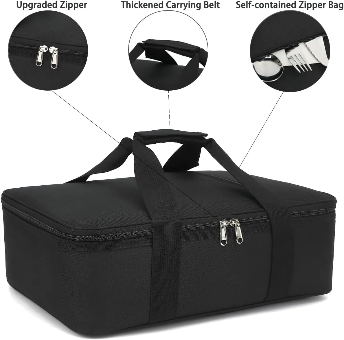 Insulated Casserole Carrier Bag - Large Portable Hot and Cold Food Storage Tote with Handles Thermal Bag for Parties, Potlucks, Picnics, Camping, Travel，Black
