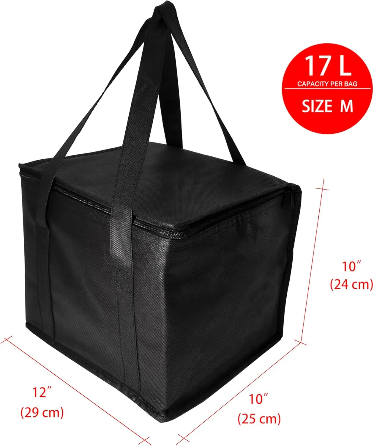 Insulated Cooler Bag and Food Warmer for Food Delivery & Grocery Shopping with Zippered Top Outdoors Insulated Food Delivery Bag (Medium Size 17L), Black, YEPP-CB-003