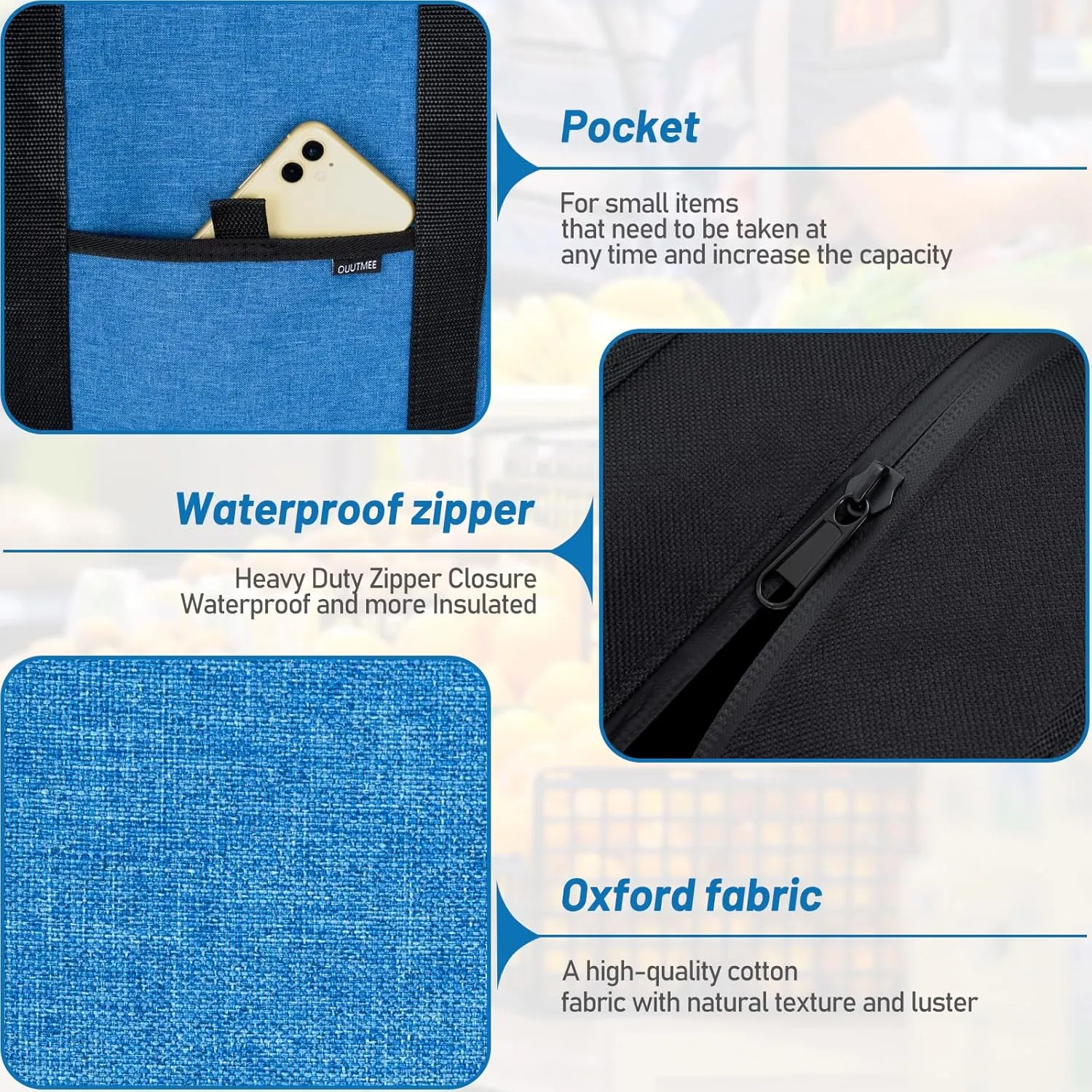 Insulated Cooler Bag Grocery Bags Large Freezer Shopping Cooler Tote Food Delivery Bag for Cold/Hot Food