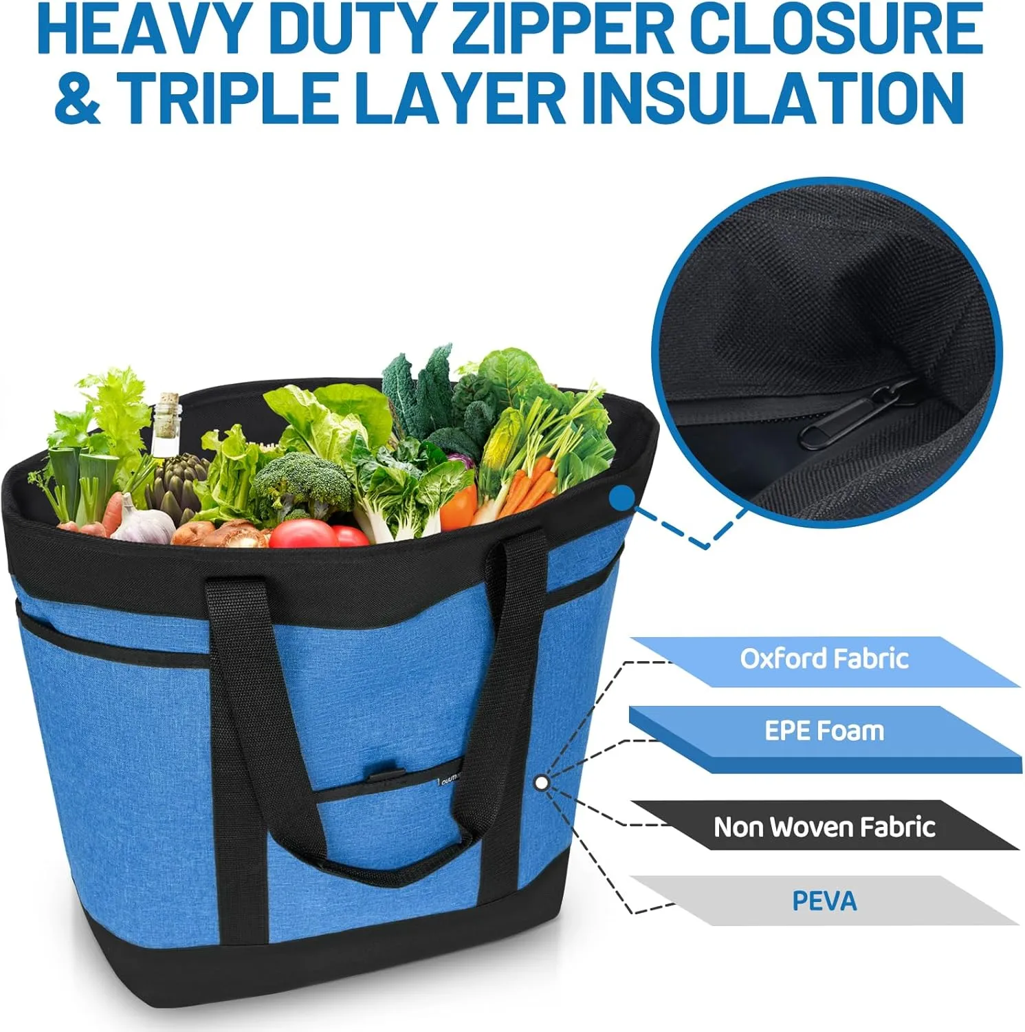 Insulated Cooler Bag Grocery Bags Large Freezer Shopping Cooler Tote Food Delivery Bag for Cold/Hot Food