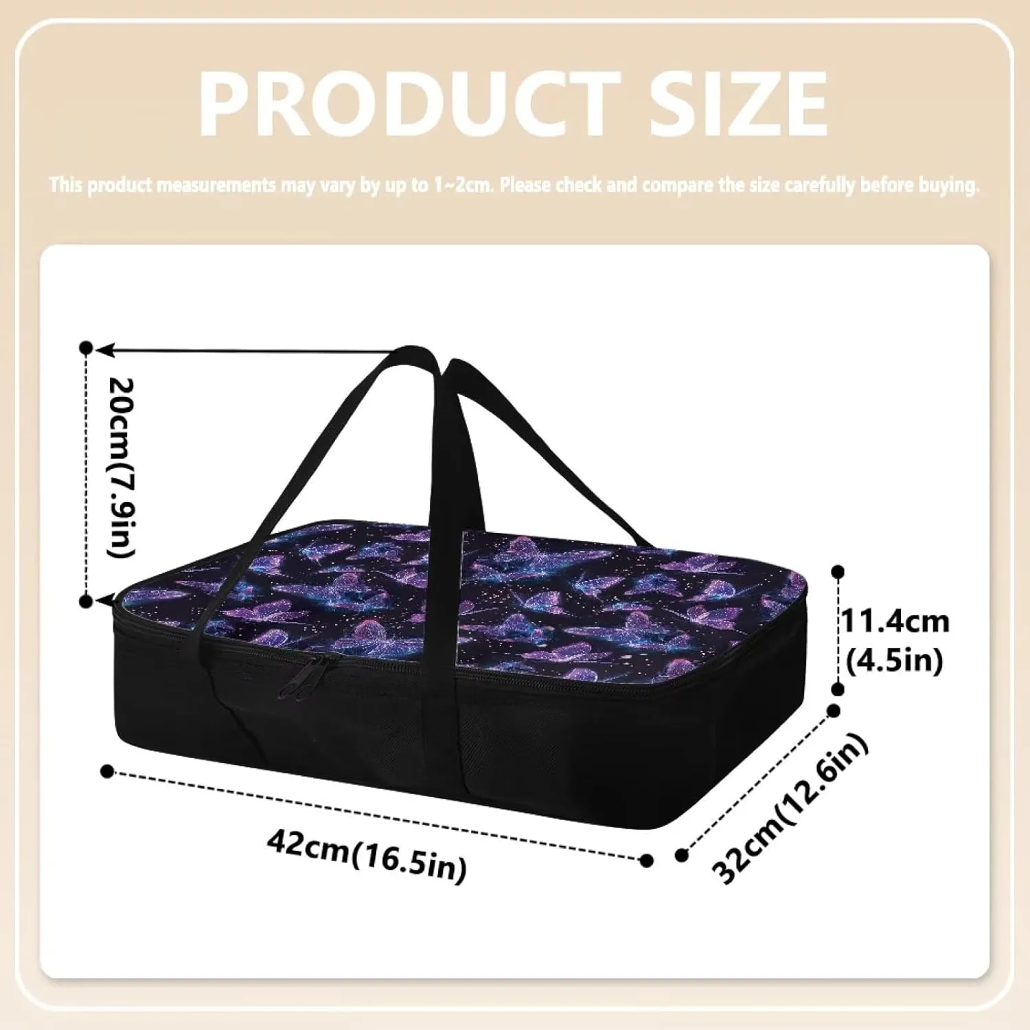 Insulated Food Carrier Thermal Lunch Bag for Hot or Cold Food Casserole Carrier for Travel Outdoor Dining Events Fits 9" x 13" Casserole Pans, Blue Violet Butterfly Black