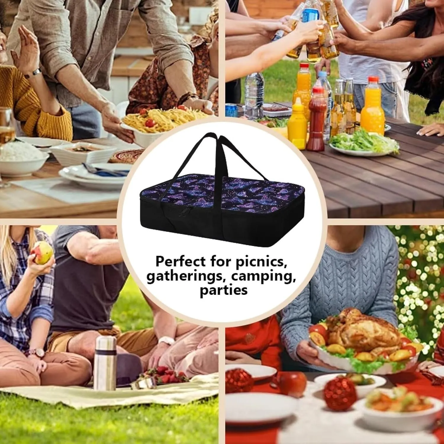 Insulated Food Carrier Thermal Lunch Bag for Hot or Cold Food Casserole Carrier for Travel Outdoor Dining Events Fits 9" x 13" Casserole Pans, Blue Violet Butterfly Black