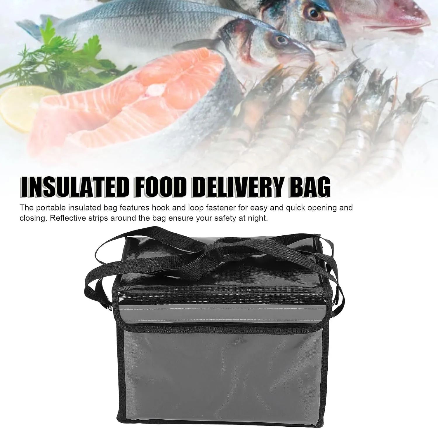 Insulated Food Delivery Bag, 3 Layers of Insulation, Reusable Shopping Bag for Commercial Use, with Shoulder Strap, Removable Bottom Board, Reflective Strip, Adjustable Divider