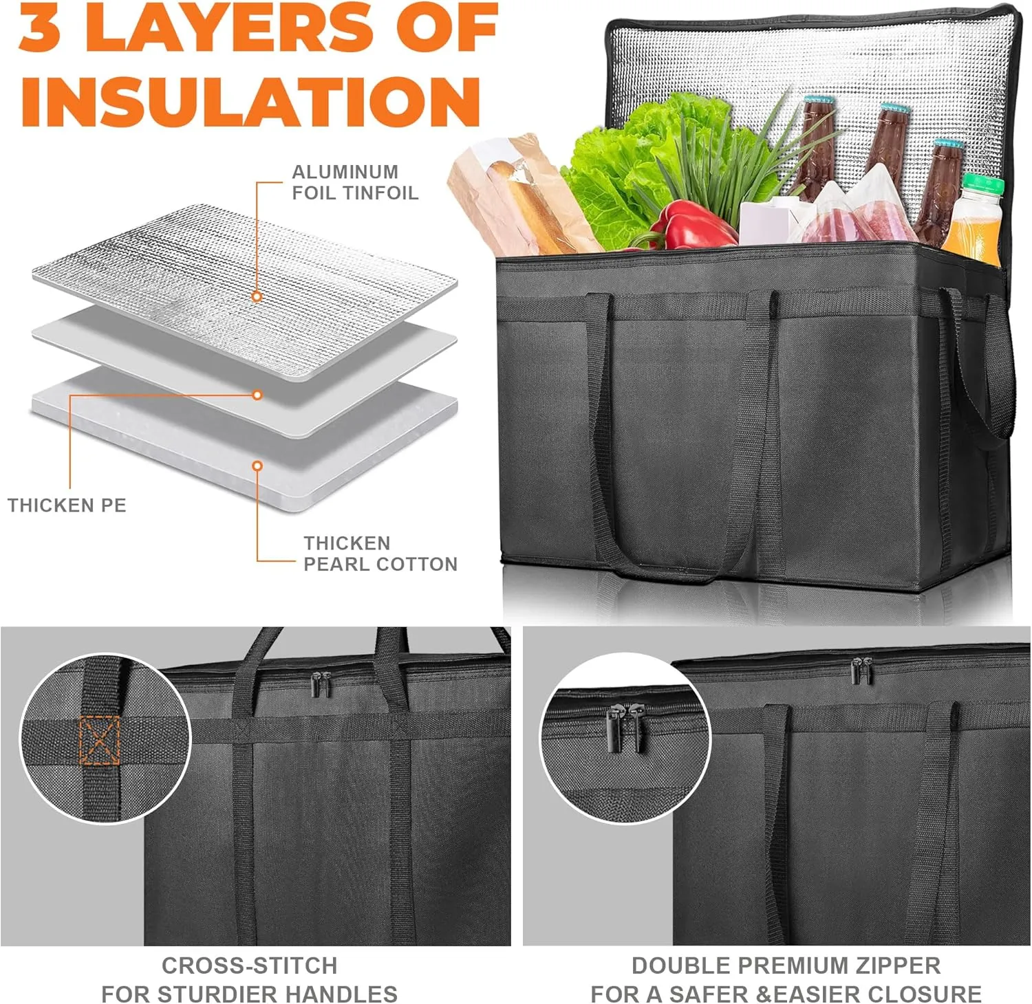 Insulated Food Delivery Bag, Commercial Grade Pizza Carrier for Hot and Cold Food, Large Reusable Catering Cooler Bag 22x15x14, Pizza Delivery Box for Uber Eats, Doordash Essentials
