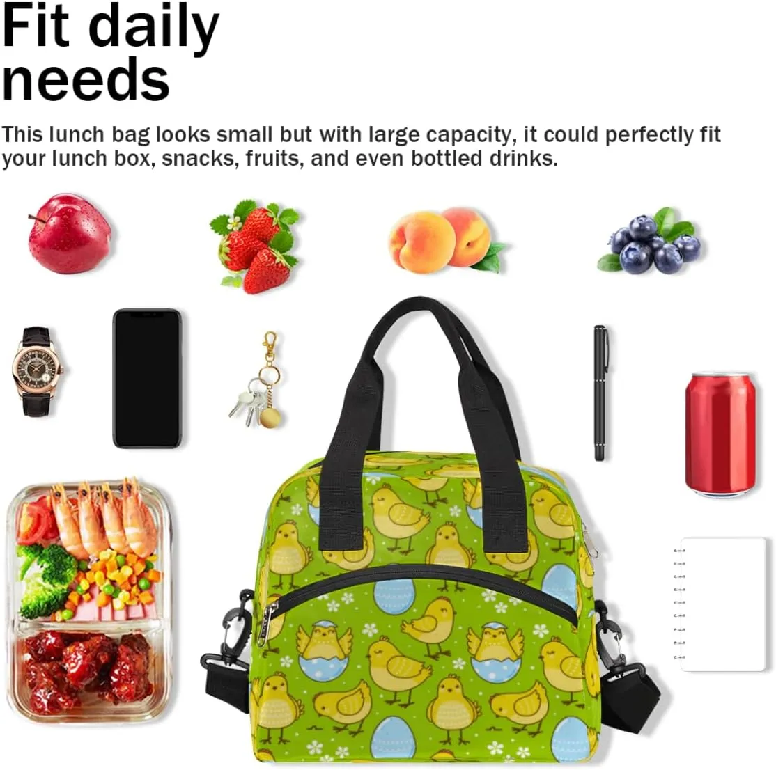 Insulated Lunch Bag for Women Men Chick Egg Flower Leakproof Cooler Tote Bag Large Reusable Adult Lunch Box with Adjustable Shoulder Strap for Office Work Picnic Travel Beach