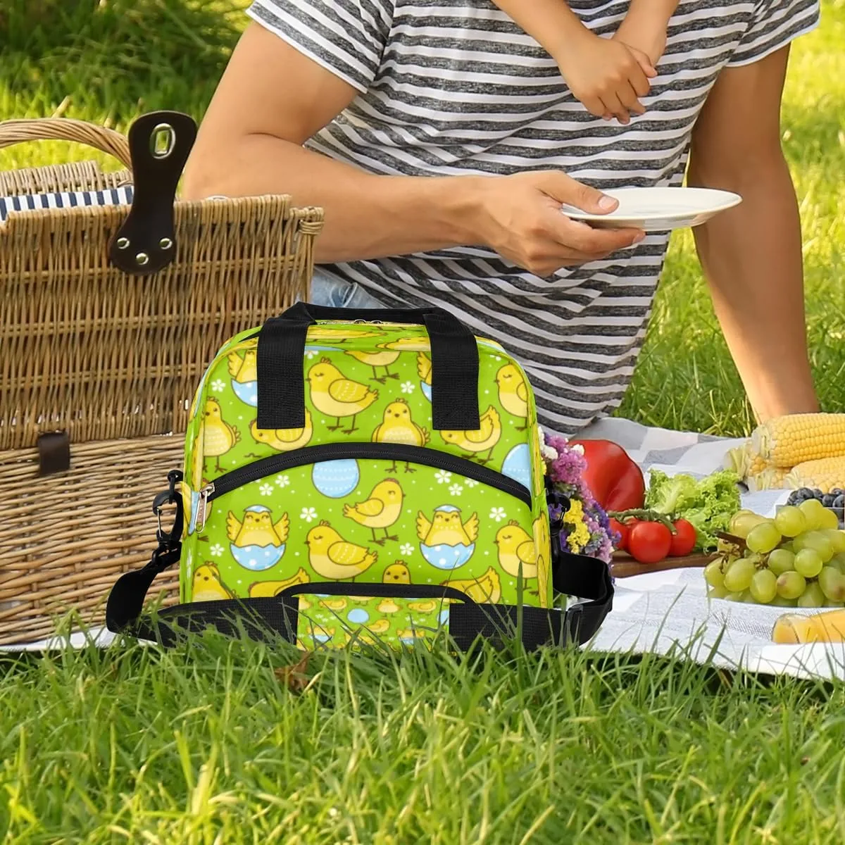Insulated Lunch Bag for Women Men Chick Egg Flower Leakproof Cooler Tote Bag Large Reusable Adult Lunch Box with Adjustable Shoulder Strap for Office Work Picnic Travel Beach