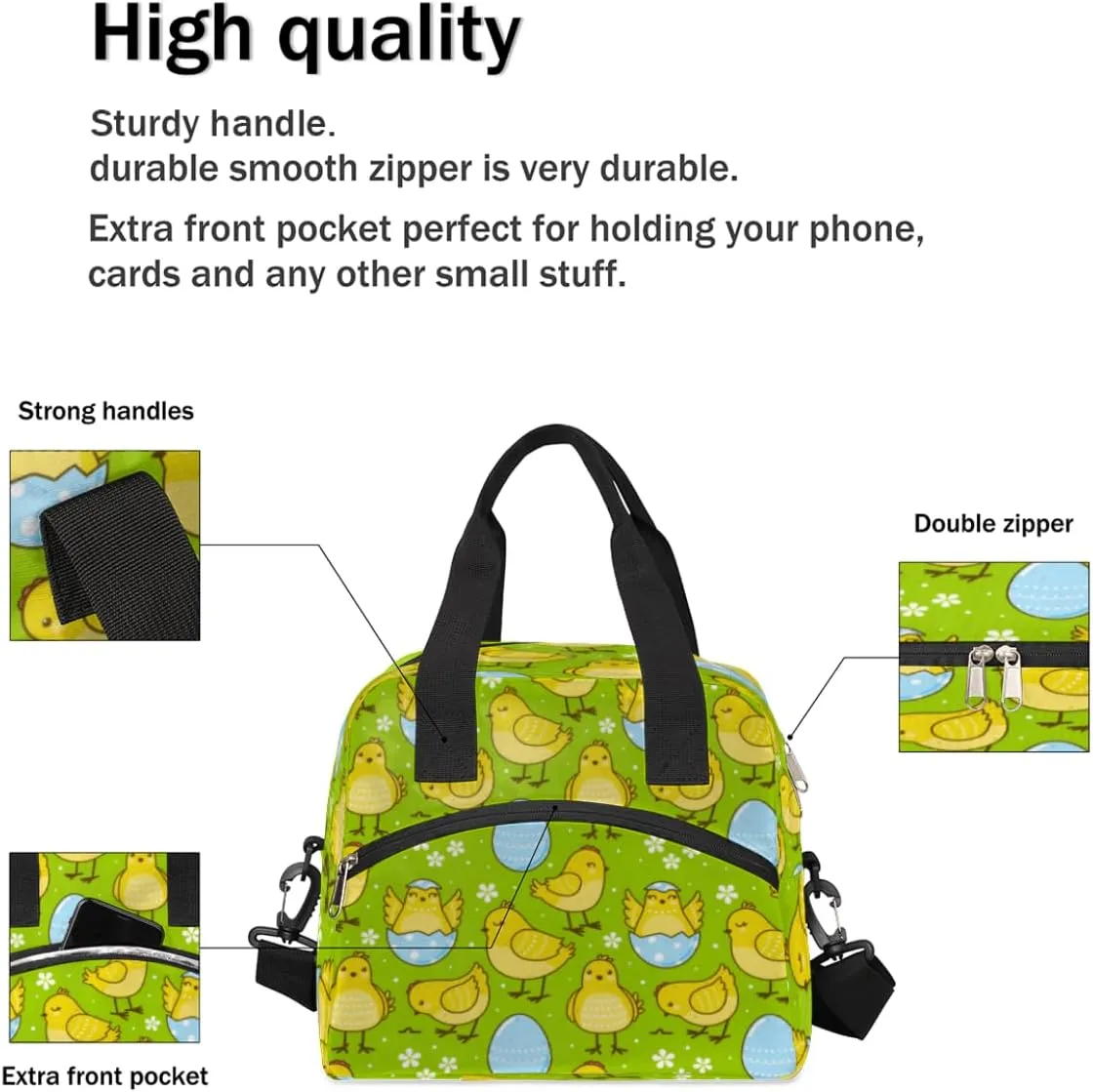 Insulated Lunch Bag for Women Men Chick Egg Flower Leakproof Cooler Tote Bag Large Reusable Adult Lunch Box with Adjustable Shoulder Strap for Office Work Picnic Travel Beach