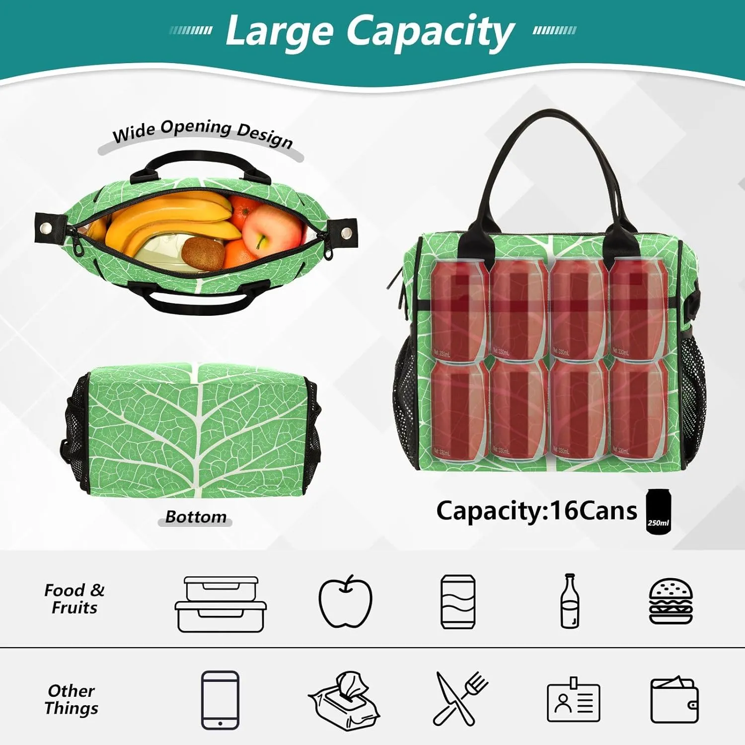 Insulated Lunch Bag Green Leaf Veins Cooler Tote Bag for Work Picnic or Travel