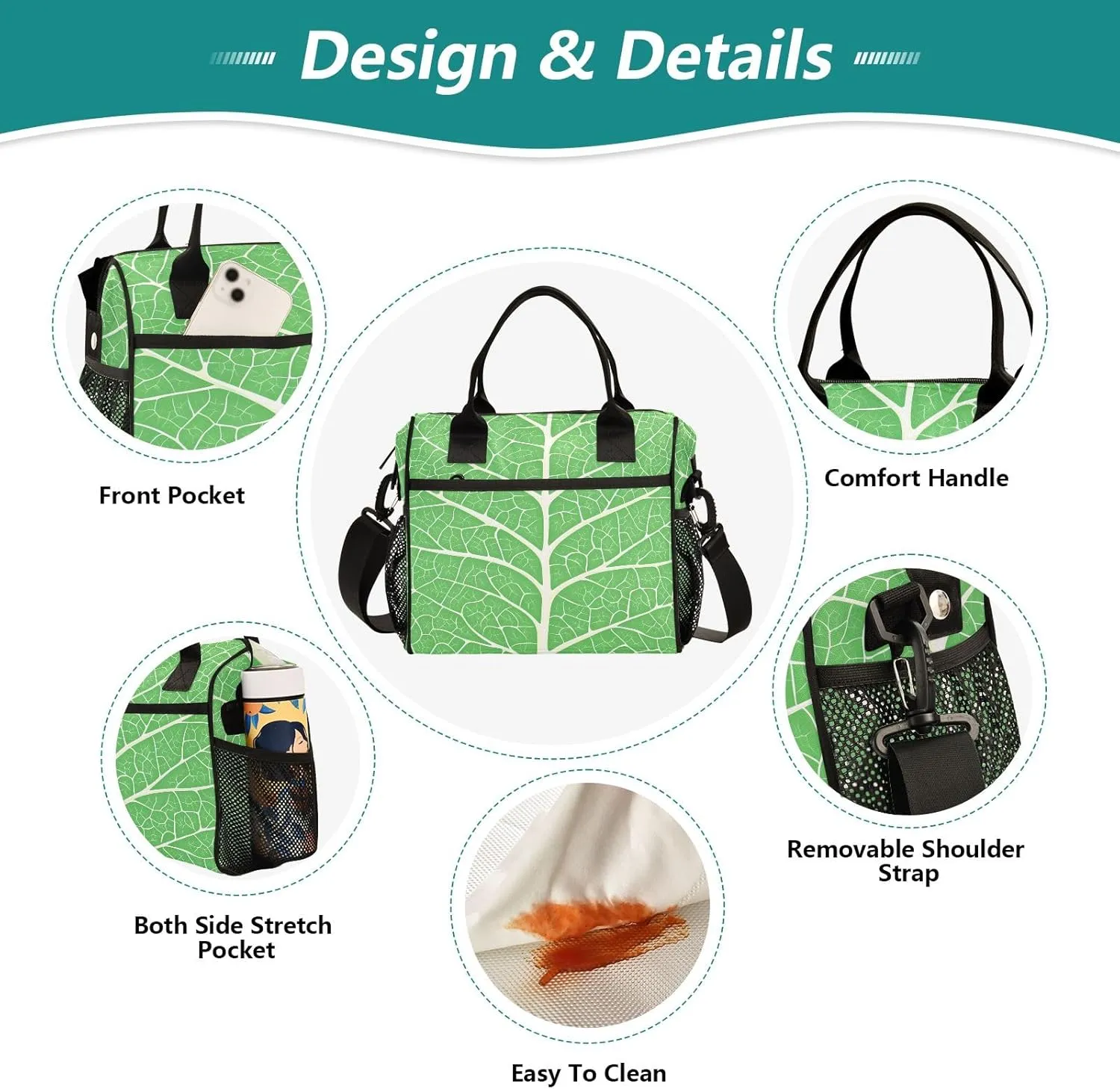 Insulated Lunch Bag Green Leaf Veins Cooler Tote Bag for Work Picnic or Travel