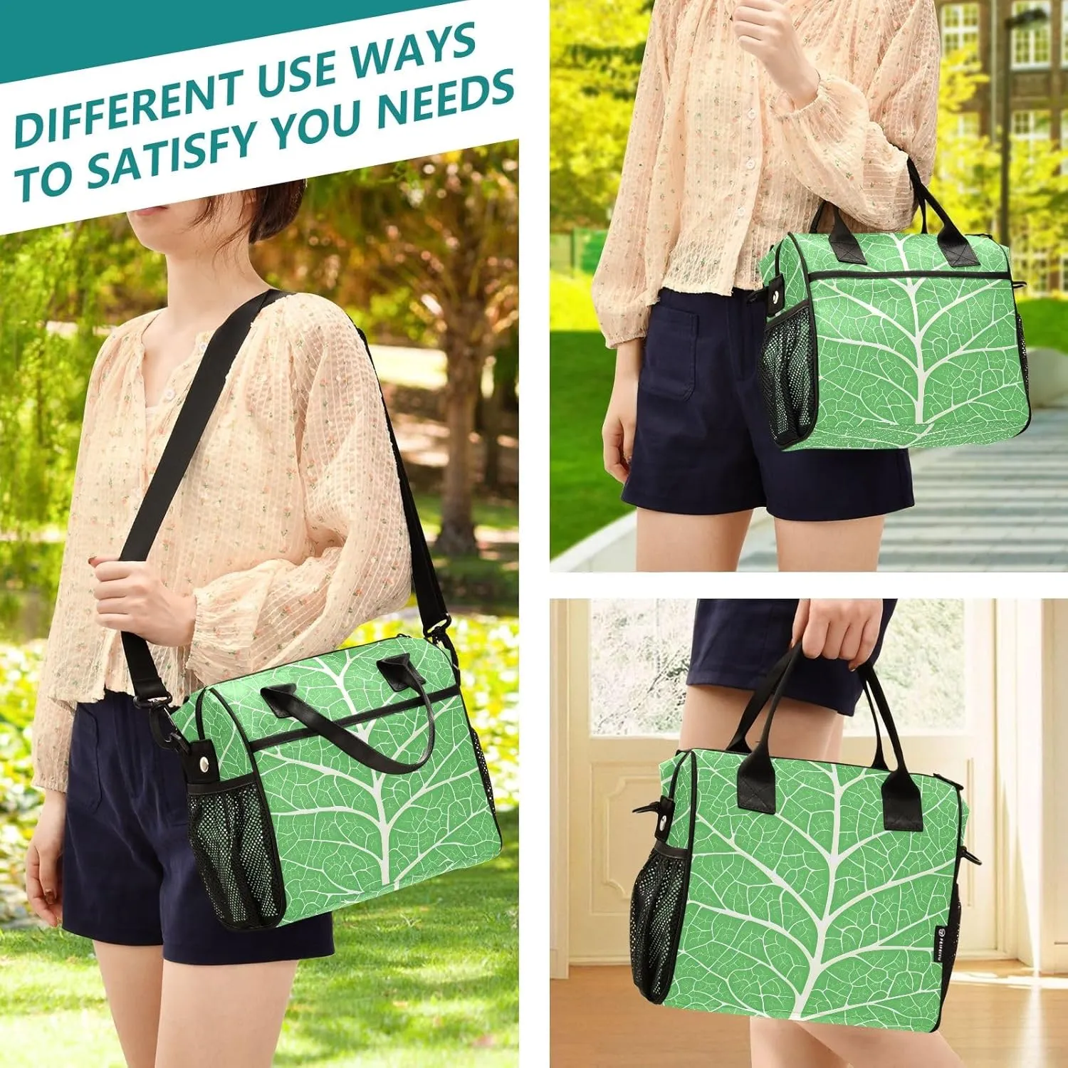 Insulated Lunch Bag Green Leaf Veins Cooler Tote Bag for Work Picnic or Travel