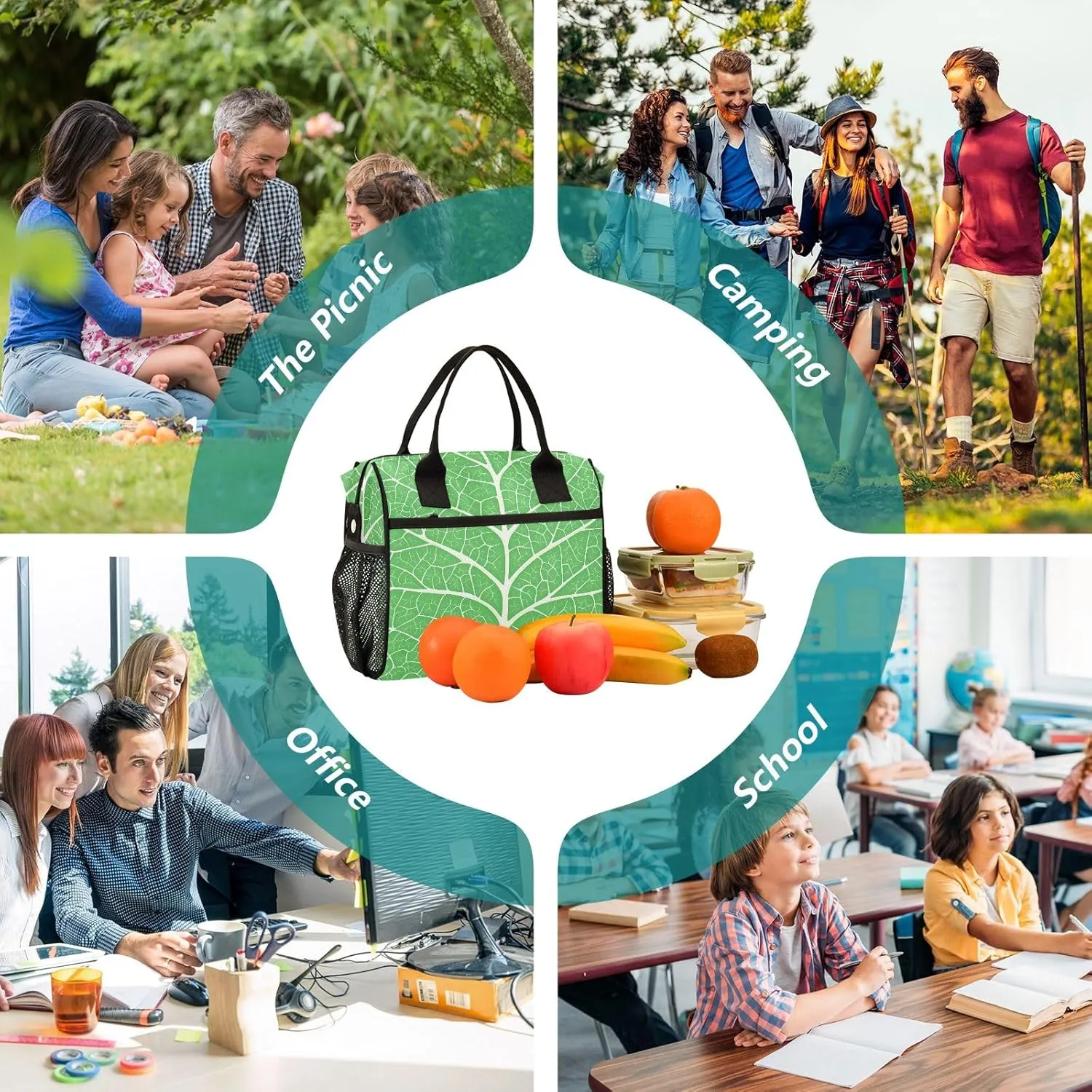 Insulated Lunch Bag Green Leaf Veins Cooler Tote Bag for Work Picnic or Travel