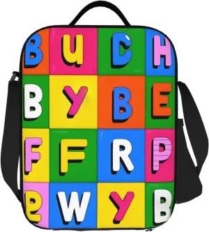 Insulated Lunch Bag with Shoulder Strap, Reusable Lunch Box with Handle, Leakproof Thermal Meal Cooler Travel Tote Shoulder Bag Handbags for Office Work Picnic, Colorful Alphabet Plaid