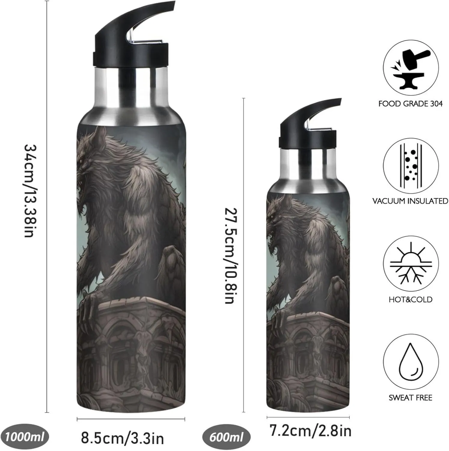 Insulated Water Bottle Gothic Werewolf Stainless Steel with Silicone Straw BPA Free, Keep Cold and Hot for Sports Travel 20 oz