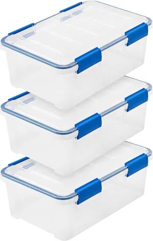 IRIS USA WeatherPro 16 Qt Storage Bins with Lids, 3 Pack, BPA-Free Plastic Gasket Box with Tight Latch and Seal, Stackable Nestable Tote Tub - Clear/Blue