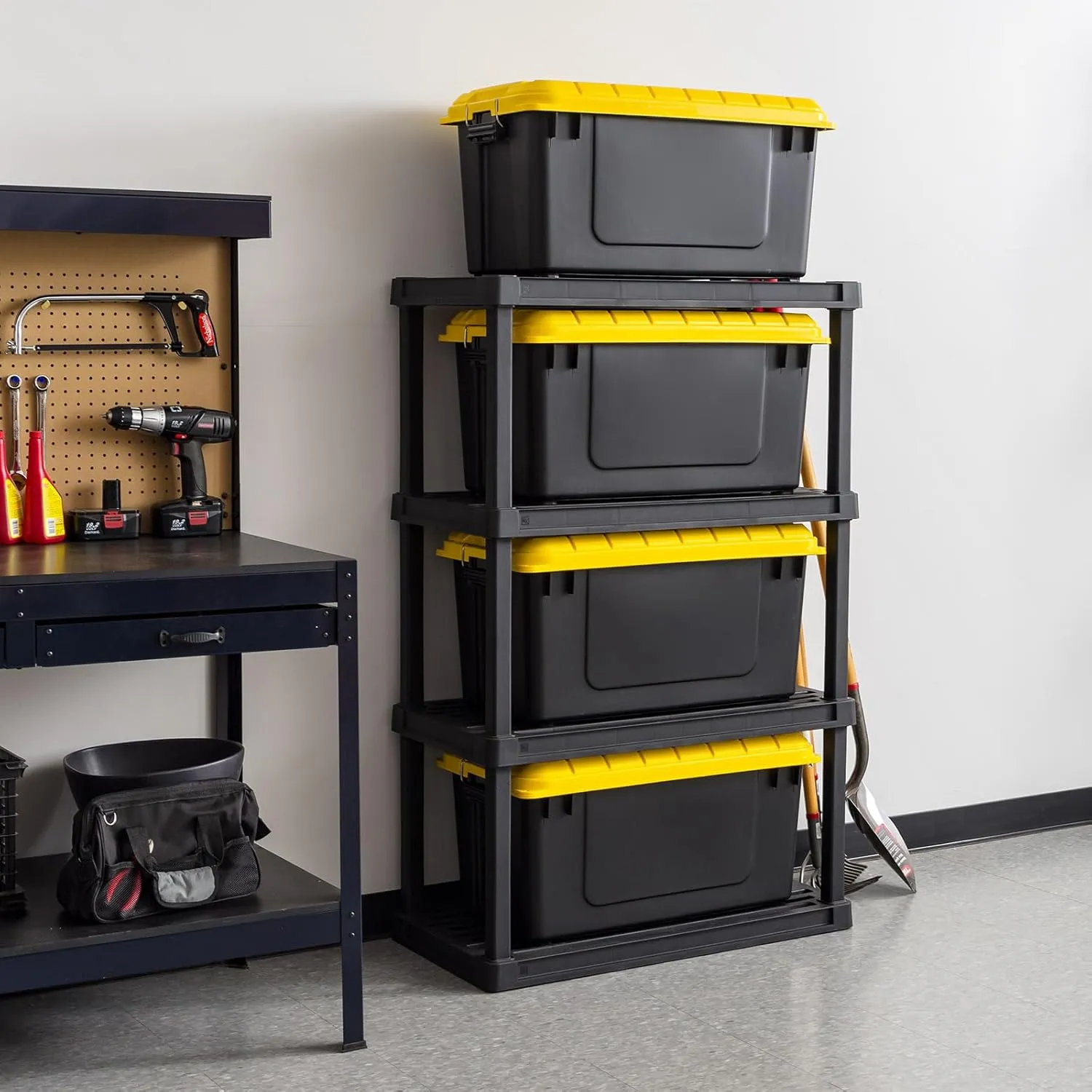 IRIS USA WeatherPro 21 Gallon Lockable Storage Bins with Lids, 4 Pack - Made in USA, Heavy Duty, Stackable Containers, Garage Organizing Tubs, Rugged Sturdy Equipment Utility Box - Black/Yellow
