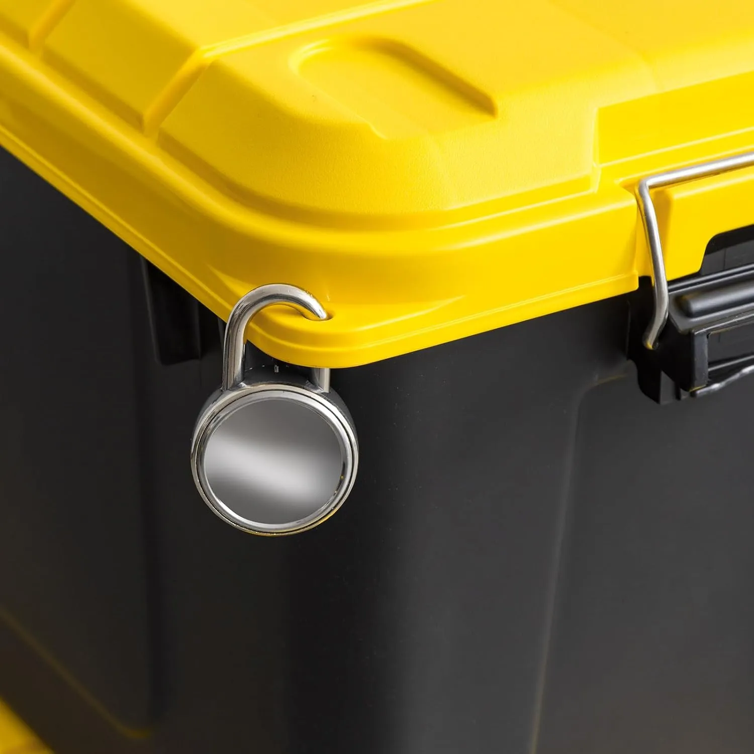 IRIS USA WeatherPro 21 Gallon Lockable Storage Bins with Lids, 4 Pack - Made in USA, Heavy Duty, Stackable Containers, Garage Organizing Tubs, Rugged Sturdy Equipment Utility Box - Black/Yellow