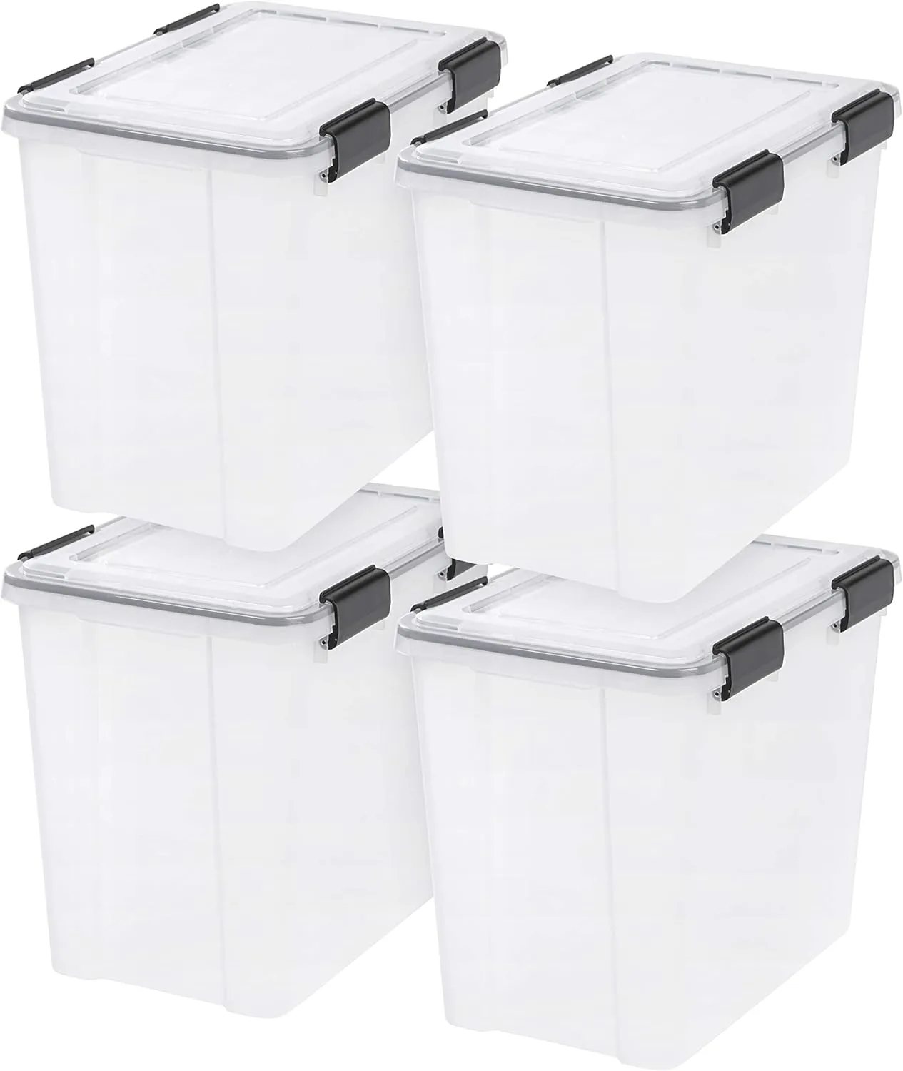 IRIS USA WeatherPro 32 Qt Storage Bins with Lids, 4 Pack, BPA-Free Plastic Gasket Box with Tight Latch and Seal, Stackable Nestable Tote Tub - Clear/Black