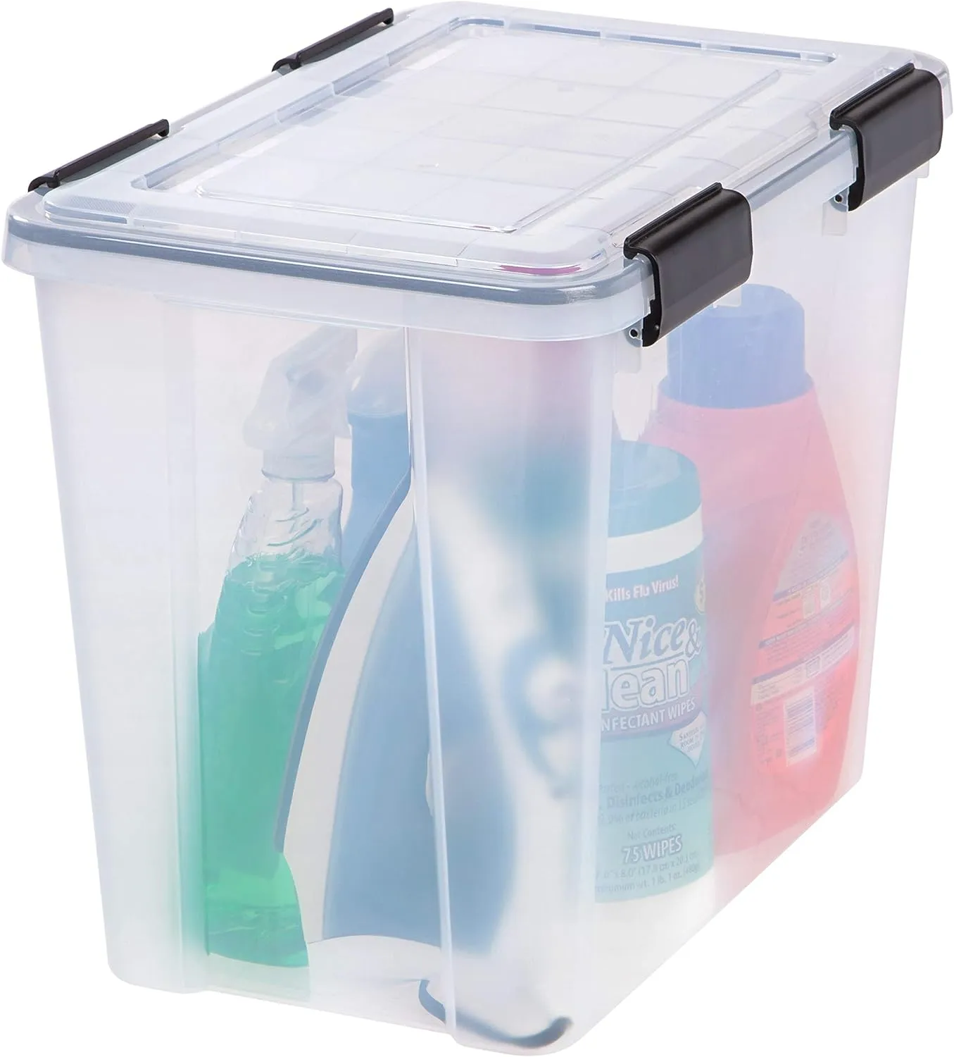 IRIS USA WeatherPro 32 Qt Storage Bins with Lids, 4 Pack, BPA-Free Plastic Gasket Box with Tight Latch and Seal, Stackable Nestable Tote Tub - Clear/Black