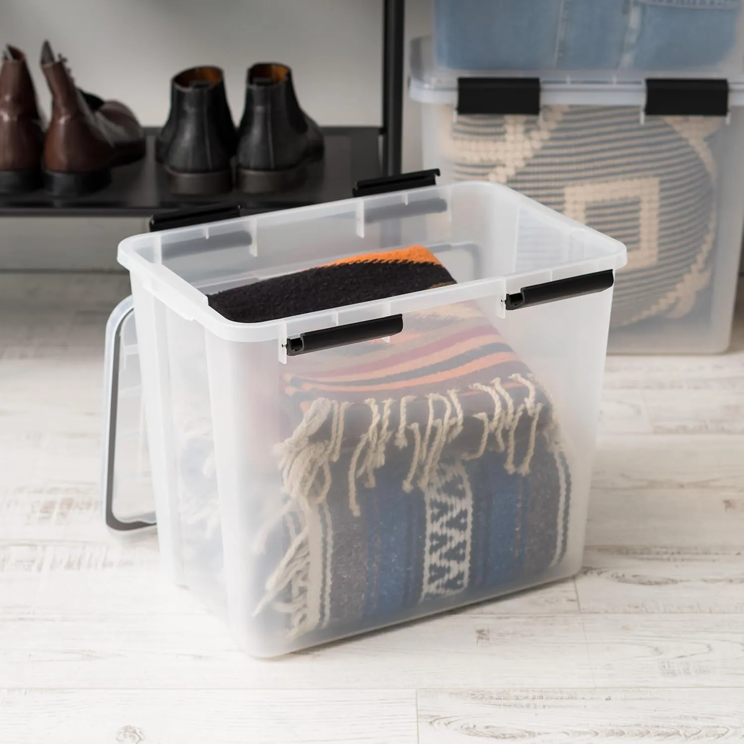 IRIS USA WeatherPro 32 Qt Storage Bins with Lids, 4 Pack, BPA-Free Plastic Gasket Box with Tight Latch and Seal, Stackable Nestable Tote Tub - Clear/Black