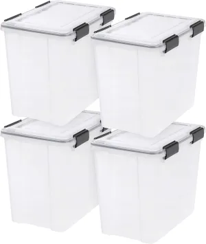 IRIS USA WeatherPro 32 Qt Storage Bins with Lids, 4 Pack, BPA-Free Plastic Gasket Box with Tight Latch and Seal, Stackable Nestable Tote Tub - Clear/Black