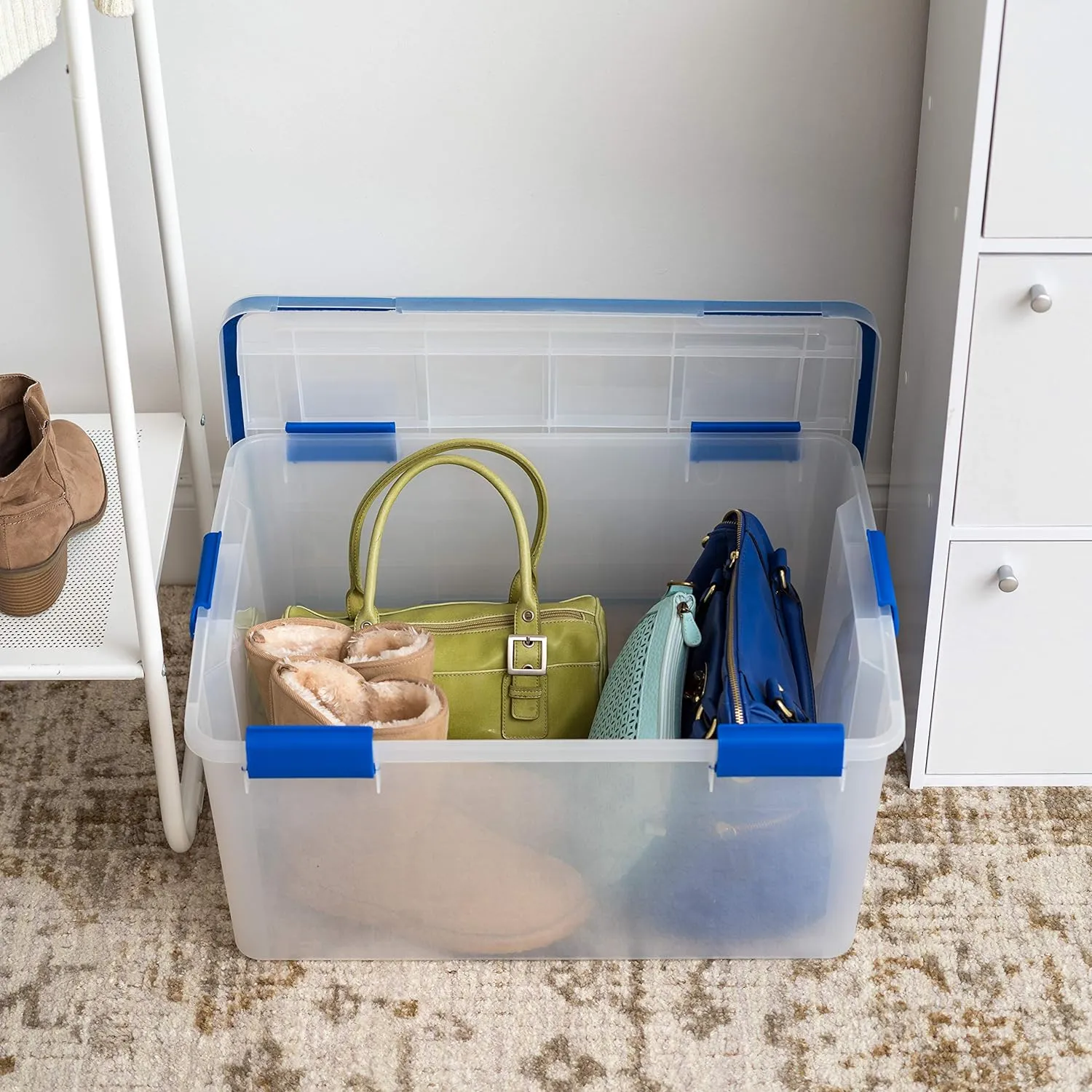 IRIS USA WeatherPro 60 Qt Storage Bins with Lids, 3 Pack, BPA-Free Plastic Gasket Box with Tight Latch and Seal, Stackable Nestable Tote Tub - Clear/Blue