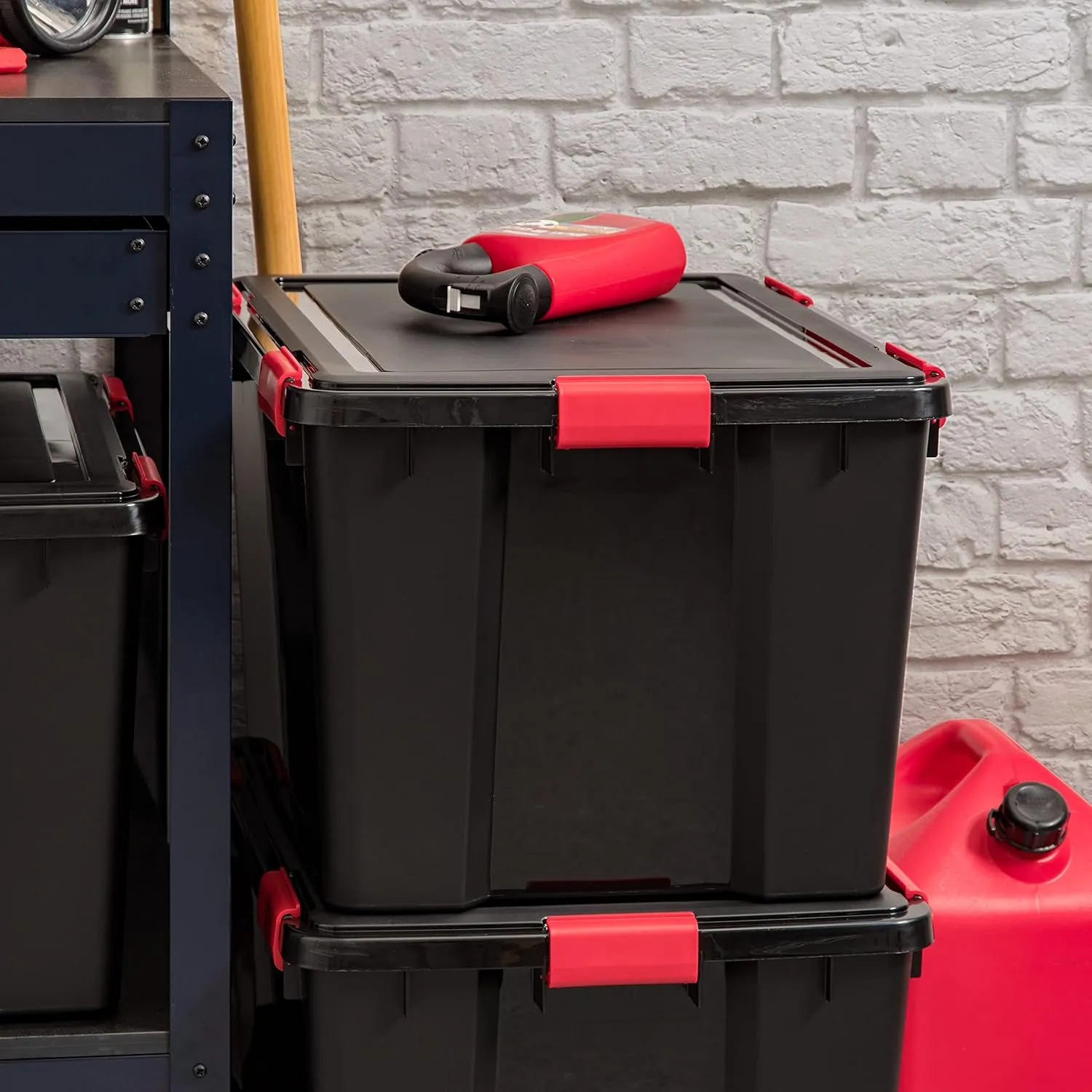 IRIS USA WeatherPro 74 Qt Storage Bins with Lids, 4 Pack, BPA-Free Plastic Gasket Box with Tight Latch and Seal, Stackable Nestable Tote Tub - Black/Red