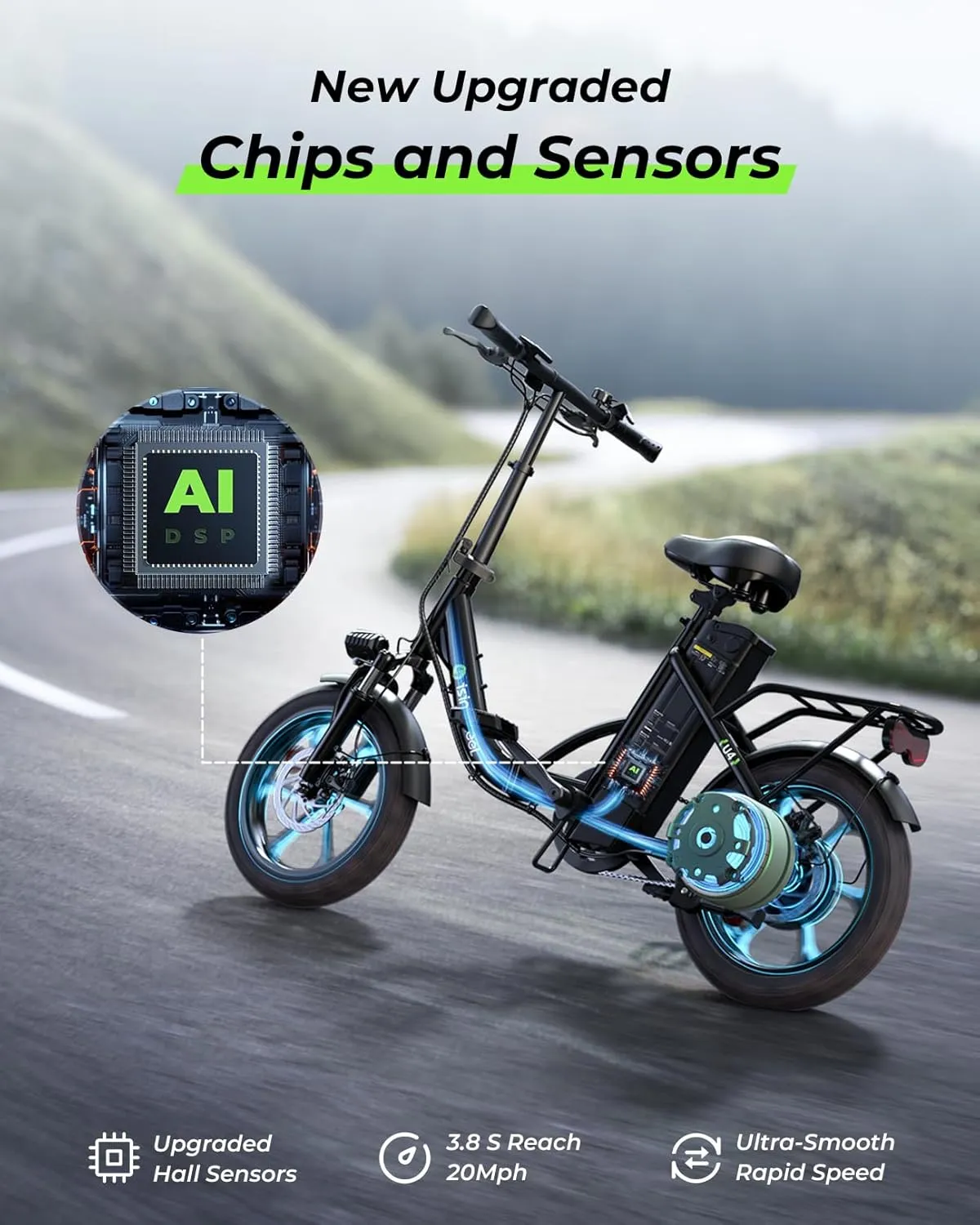 isinwheel U4 16" Folding Electric Bike for Adults, 750W Peak Motor with Max 55Miles PAS Range & 19MPH EBike, 374.4Wh Battery Electric Bicycles Step-Thru Commuter E Bikes for Adults and Teens