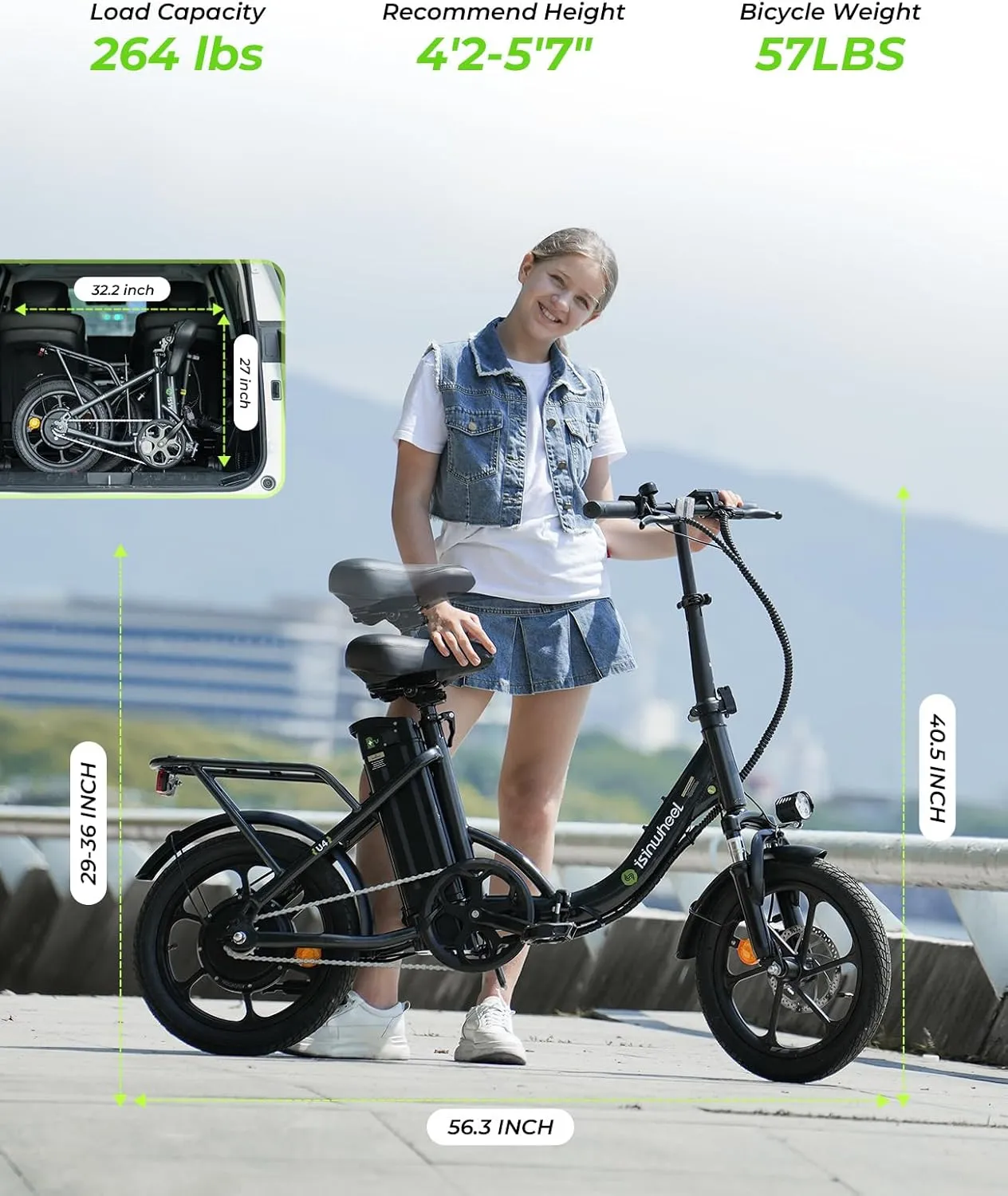 isinwheel U4 16" Folding Electric Bike for Adults, 750W Peak Motor with Max 55Miles PAS Range & 19MPH EBike, 374.4Wh Battery Electric Bicycles Step-Thru Commuter E Bikes for Adults and Teens