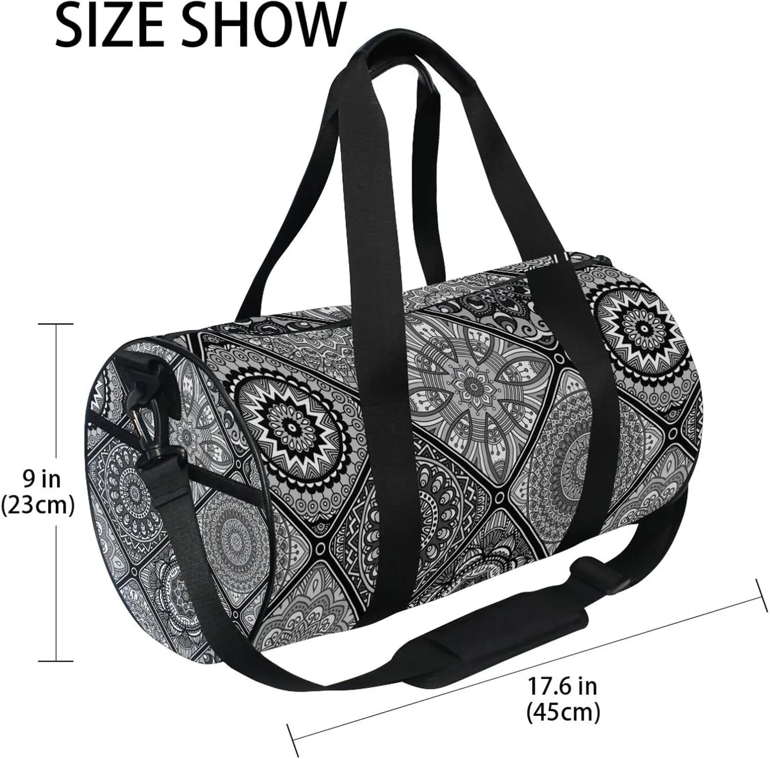 Islam, Arabic, Indian, Ottoman Motifs Tribal Mandala Floral Flower Duffel Bag, Foldable Canvas Travel Tote for Gym Sports with Inner Pockets, Durable Lightweight Fitness Bag for Overnight Workout
