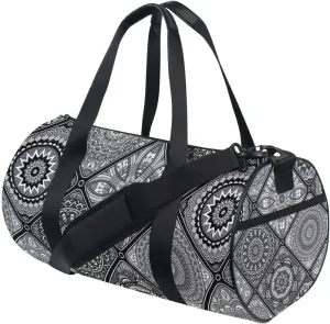Islam, Arabic, Indian, Ottoman Motifs Tribal Mandala Floral Flower Duffel Bag, Foldable Canvas Travel Tote for Gym Sports with Inner Pockets, Durable Lightweight Fitness Bag for Overnight Workout