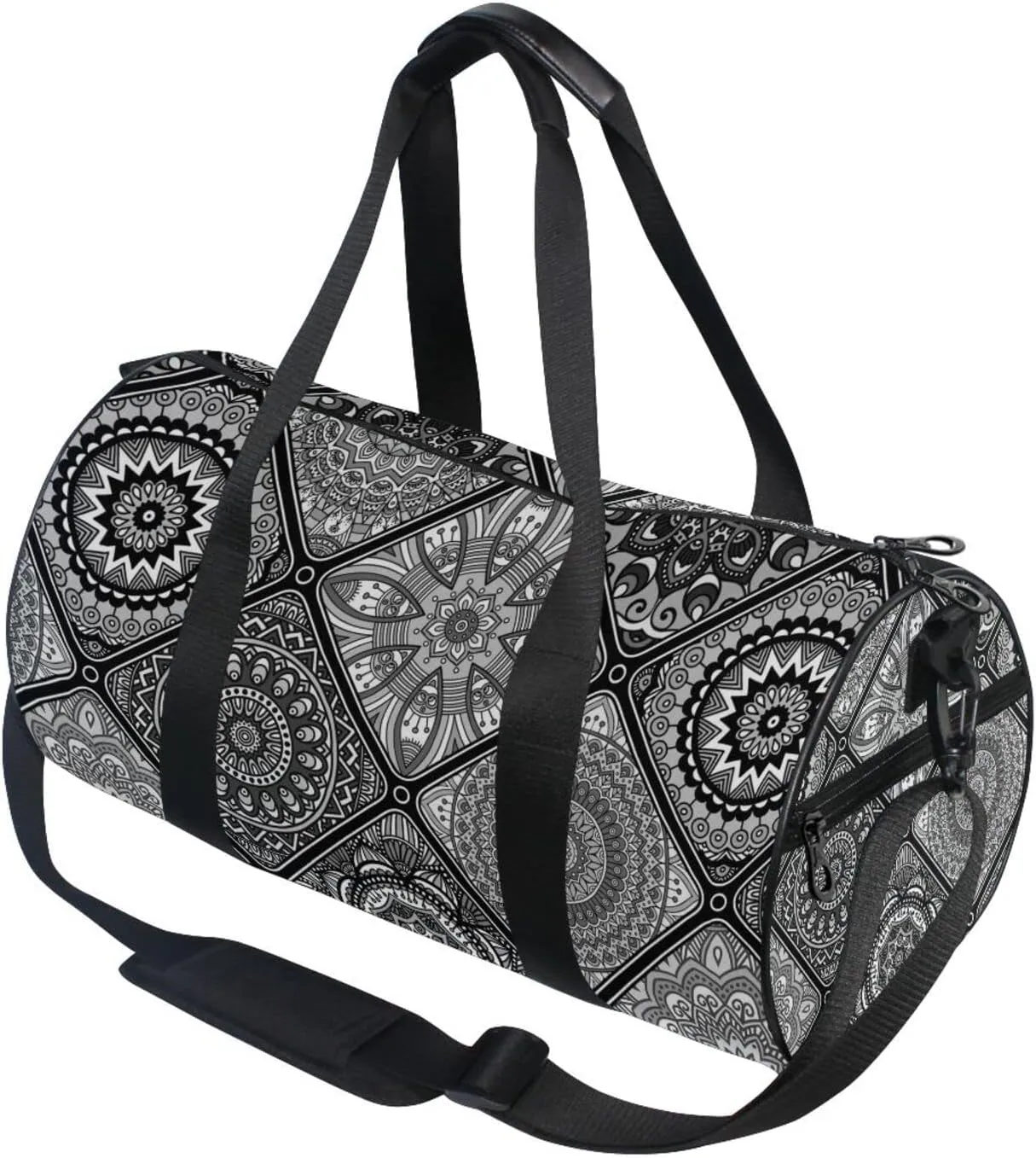 Islam, Arabic, Indian, Ottoman Motifs Tribal Mandala Floral Flower Duffel Bag, Foldable Canvas Travel Tote for Gym Sports with Inner Pockets, Durable Lightweight Fitness Bag for Overnight Workout