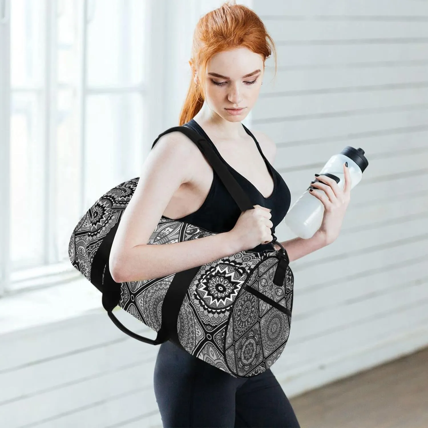 Islam, Arabic, Indian, Ottoman Motifs Tribal Mandala Floral Flower Duffel Bag, Foldable Canvas Travel Tote for Gym Sports with Inner Pockets, Durable Lightweight Fitness Bag for Overnight Workout