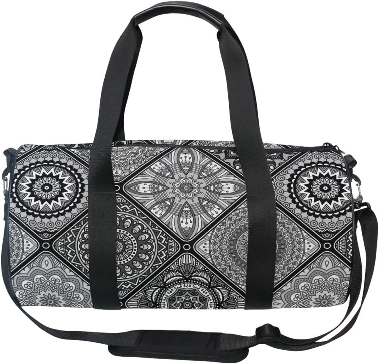 Islam, Arabic, Indian, Ottoman Motifs Tribal Mandala Floral Flower Duffel Bag, Foldable Canvas Travel Tote for Gym Sports with Inner Pockets, Durable Lightweight Fitness Bag for Overnight Workout