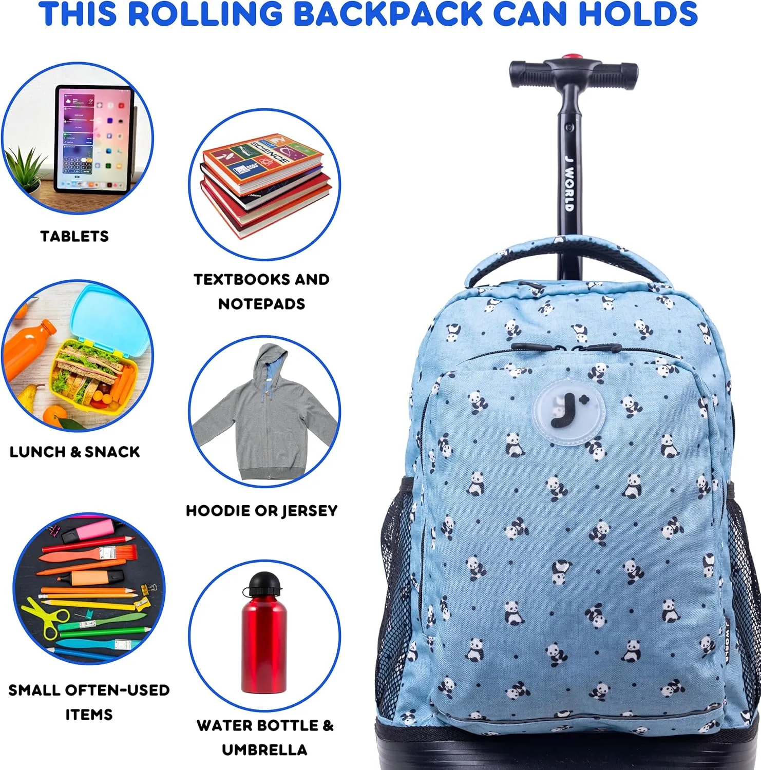 J World New York Kids' Sunny Rolling Backpack Adults, Panda, One Size