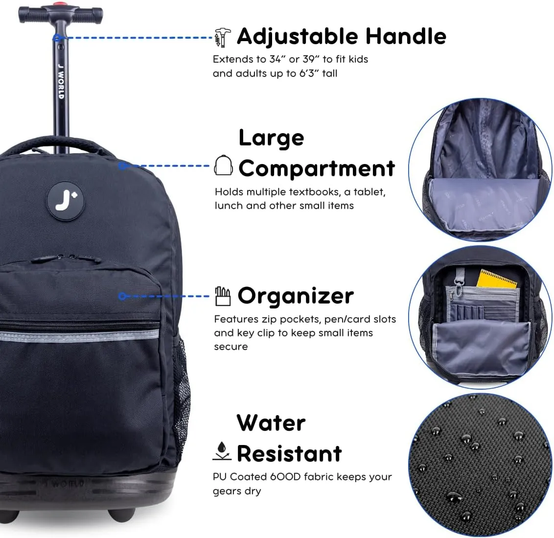 J World New York Sunrise Rolling Backpack, Black, One Size