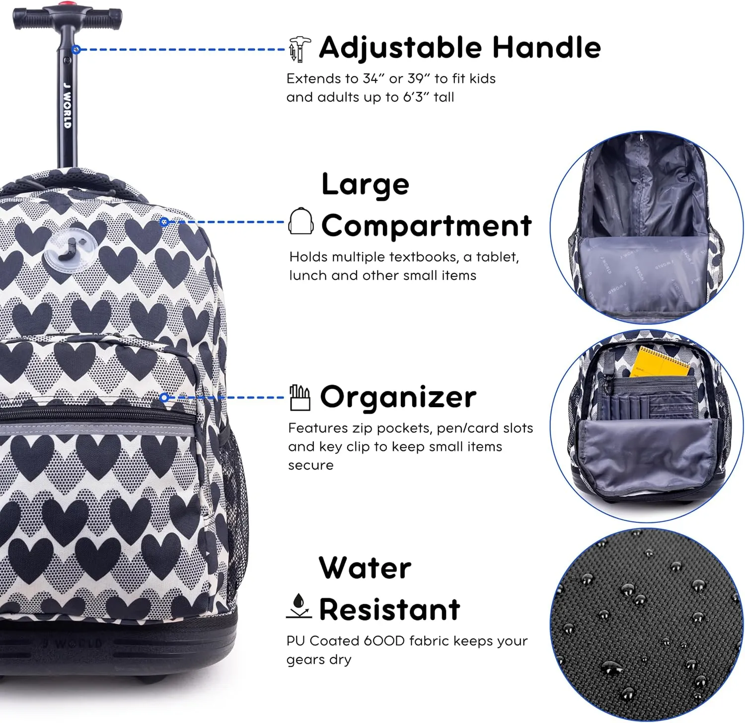 J World Sunrise Rolling Backpack. Roller Bag with Wheels, Heart Dot