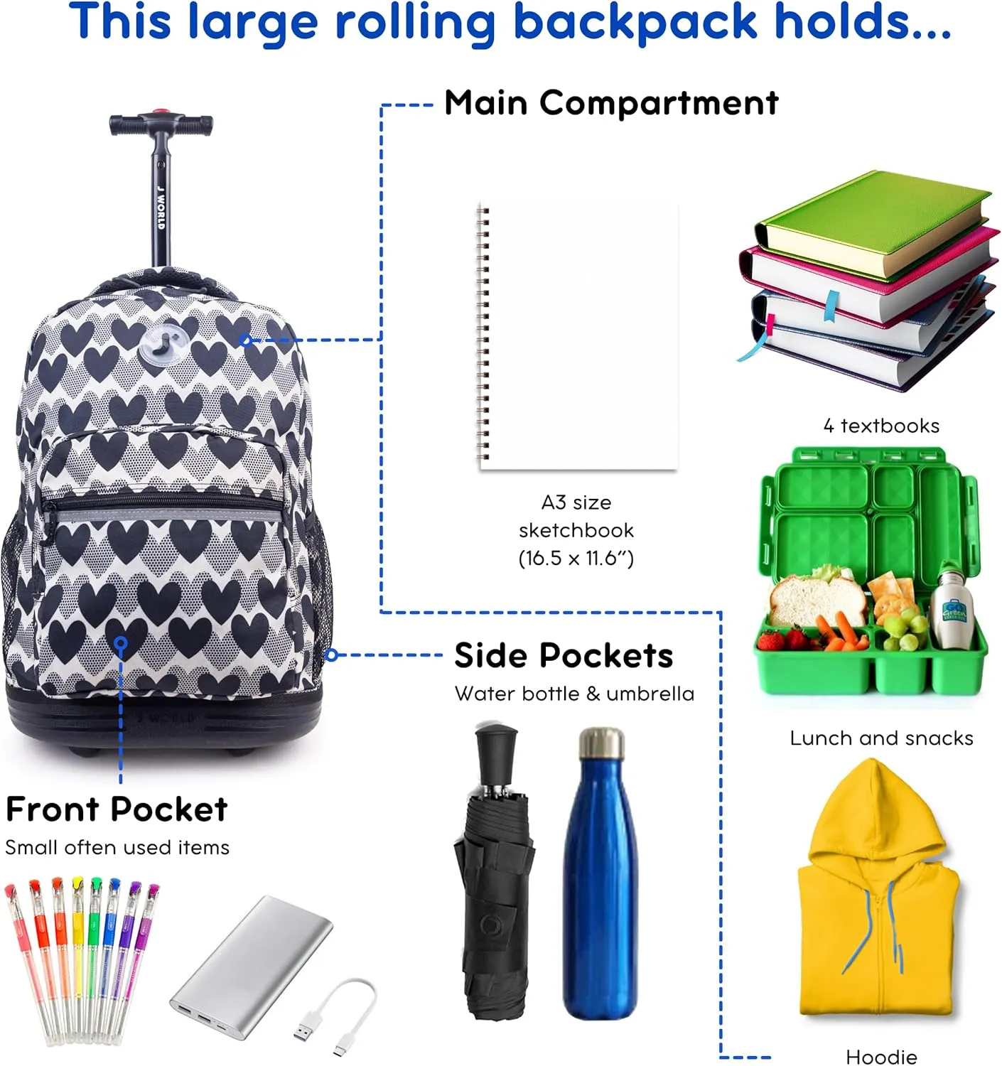 J World Sunrise Rolling Backpack. Roller Bag with Wheels, Heart Dot