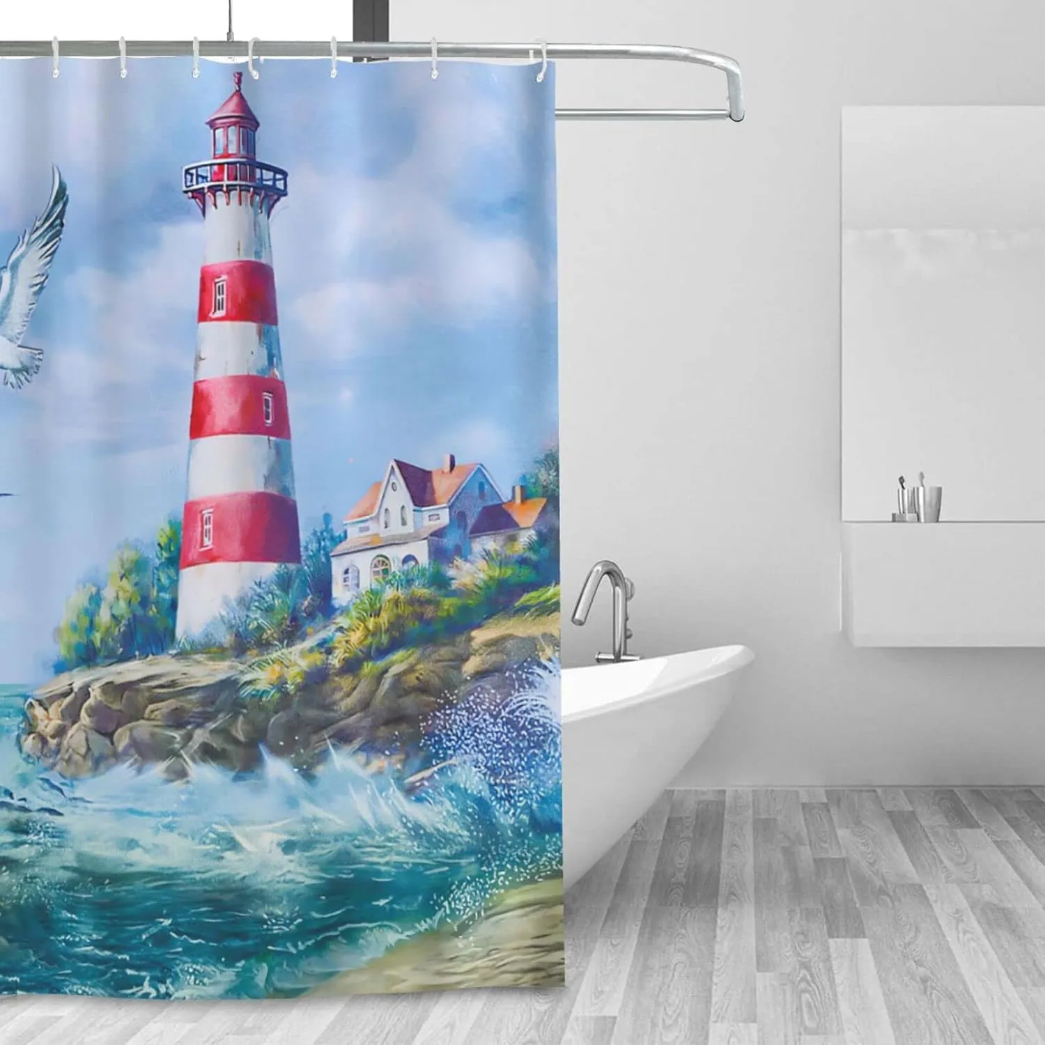 jamie world Coastal Nautical Shower Curtain Lighthouse Ocean Shower Curtains Beach Seasides Shower Curtain Quick-Drying Polyester Fabric Bathroom Decor with Plastic Hooks 60x72 Inches
