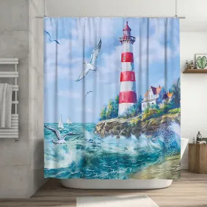 jamie world Coastal Nautical Shower Curtain Lighthouse Ocean Shower Curtains Beach Seasides Shower Curtain Quick-Drying Polyester Fabric Bathroom Decor with Plastic Hooks 60x72 Inches