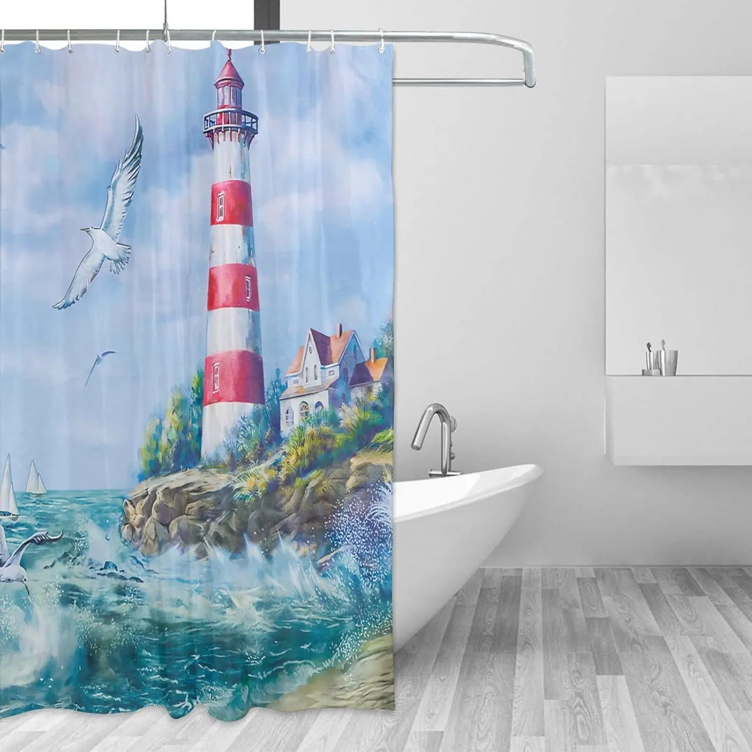 jamie world Coastal Nautical Shower Curtain Lighthouse Ocean Shower Curtains Beach Seasides Shower Curtain Quick-Drying Polyester Fabric Bathroom Decor with Plastic Hooks 60x72 Inches
