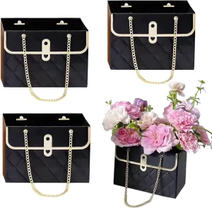 Jemattely 4 Pcs Large Flower Paper Gift Box,Waterproof Bouquet Storage Bucket Florist Handbag with Metal Chain Flower Boxes for Wedding Mother's Day Birthday Bridal Etc Shower Gift Wrap Craft-Black