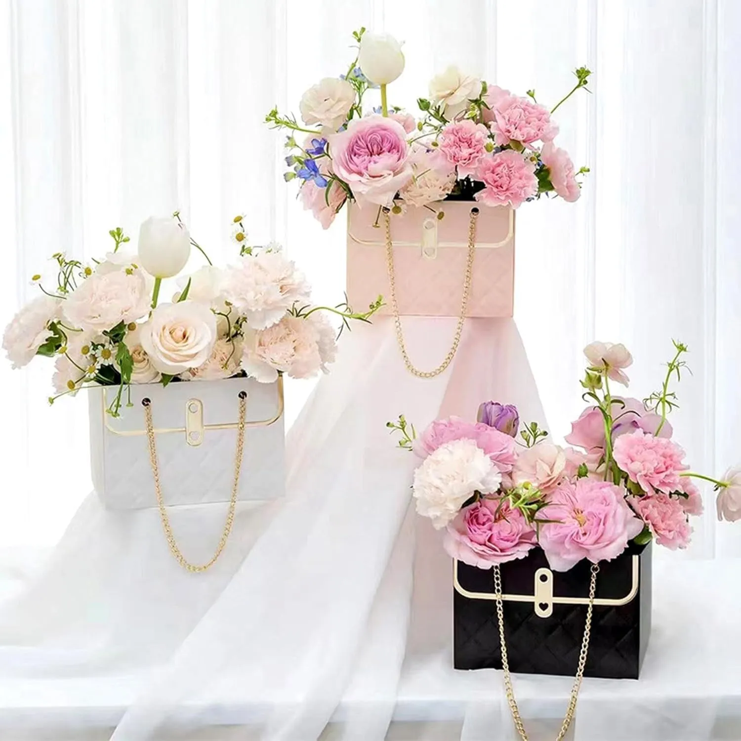 Jemattely 4 Pcs Large Flower Paper Gift Box,Waterproof Bouquet Storage Bucket Florist Handbag with Metal Chain Flower Boxes for Wedding Mother's Day Birthday Bridal Etc Shower Gift Wrap Craft-Black