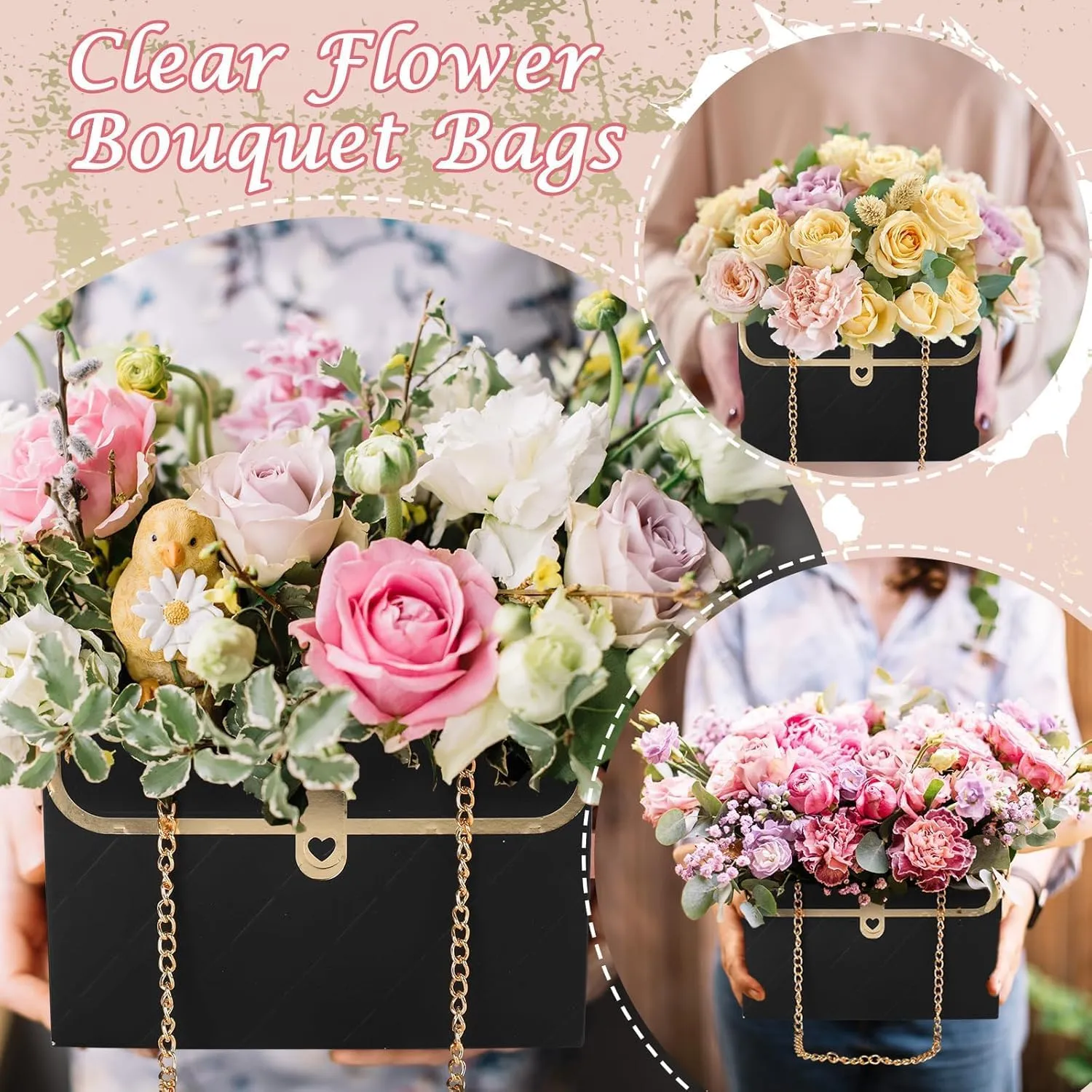 Jemattely 4 Pcs Large Flower Paper Gift Box,Waterproof Bouquet Storage Bucket Florist Handbag with Metal Chain Flower Boxes for Wedding Mother's Day Birthday Bridal Etc Shower Gift Wrap Craft-Black