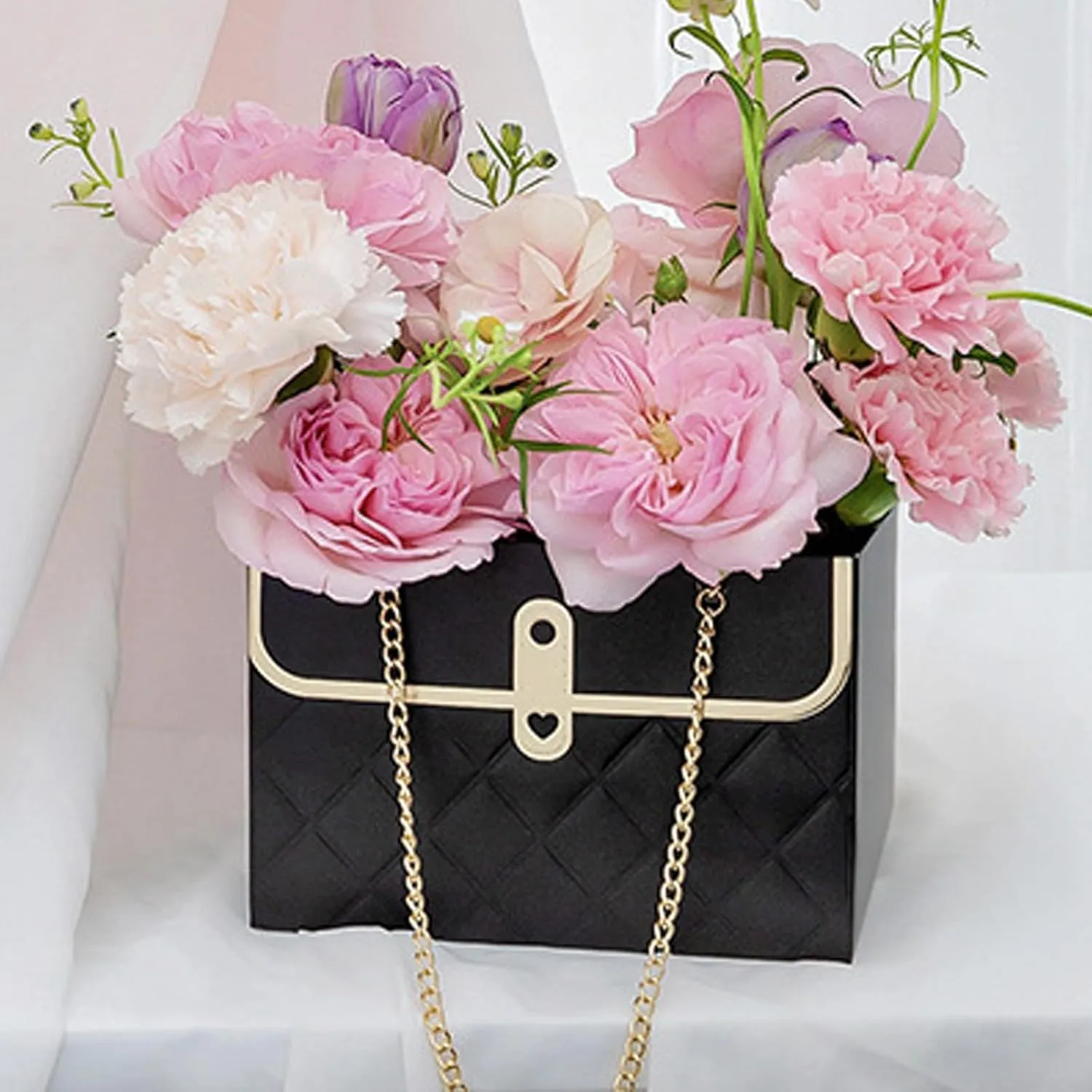 Jemattely 4 Pcs Large Flower Paper Gift Box,Waterproof Bouquet Storage Bucket Florist Handbag with Metal Chain Flower Boxes for Wedding Mother's Day Birthday Bridal Etc Shower Gift Wrap Craft-Black