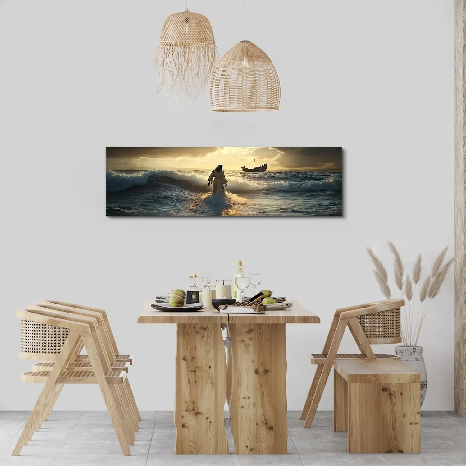 Jesus Walking on Water Wall Art Christian Wall Decor Sunset Ocean Landscape Canvas Picture Christ Religion Wall Decor Large Bible Painting Poster Artwork for Living Room Church Decorations 14x48”