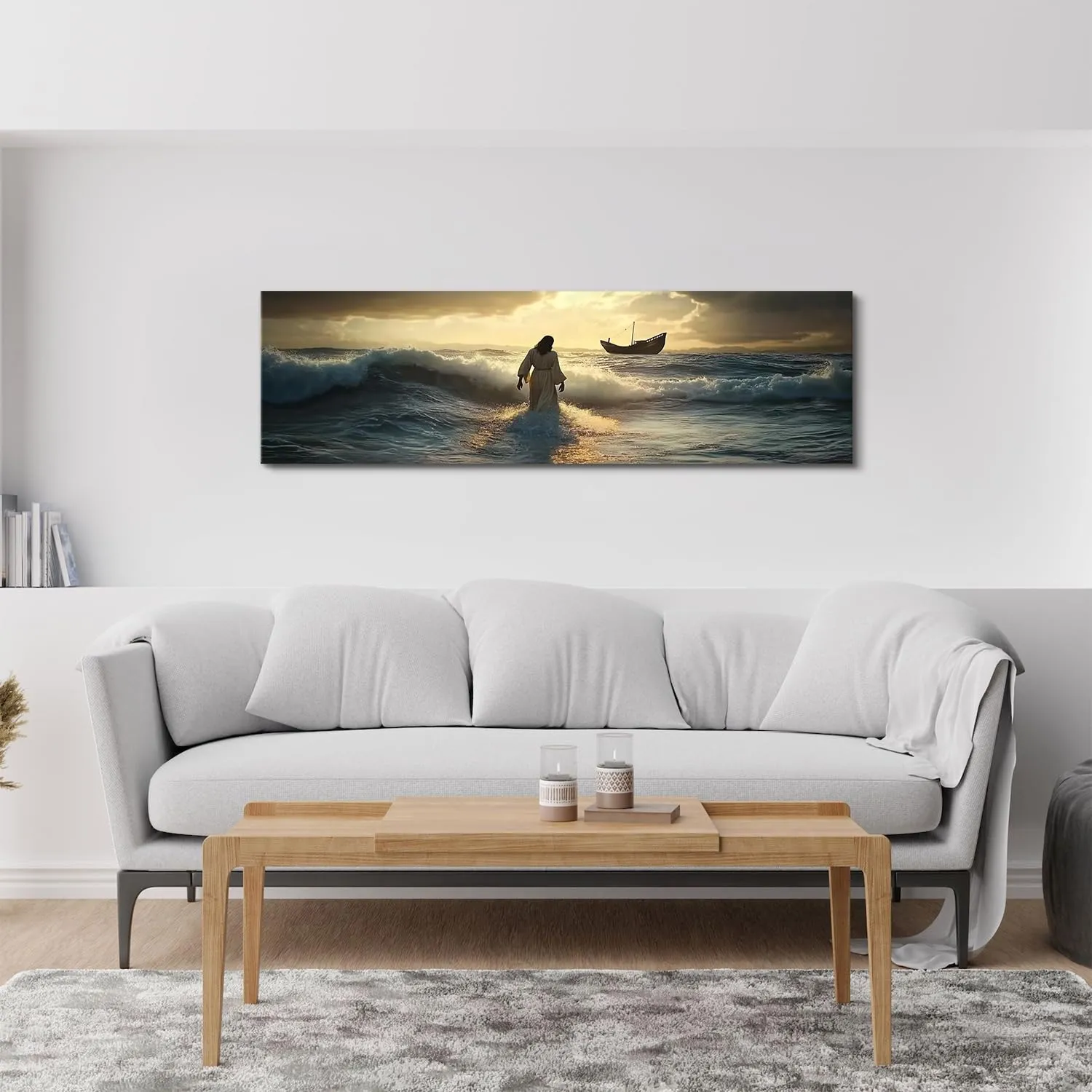 Jesus Walking on Water Wall Art Christian Wall Decor Sunset Ocean Landscape Canvas Picture Christ Religion Wall Decor Large Bible Painting Poster Artwork for Living Room Church Decorations 14x48”