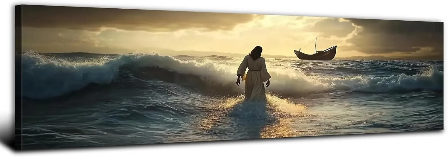 Jesus Walking on Water Wall Art Christian Wall Decor Sunset Ocean Landscape Canvas Picture Christ Religion Wall Decor Large Bible Painting Poster Artwork for Living Room Church Decorations 14x48”